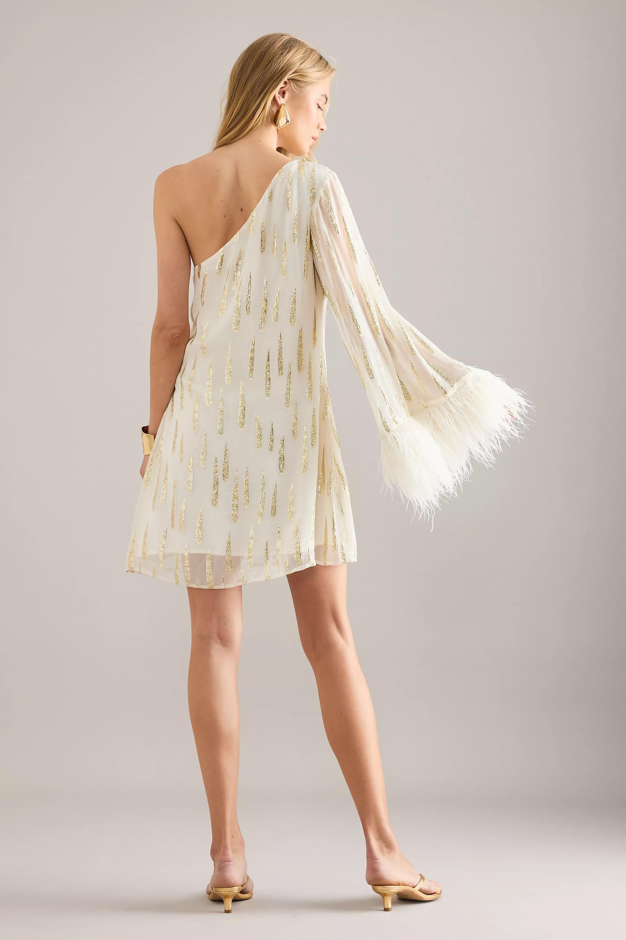 By Anthropologie Asymmetric Feathered Mini Dress, Ivory, A501_0011, large image number 2