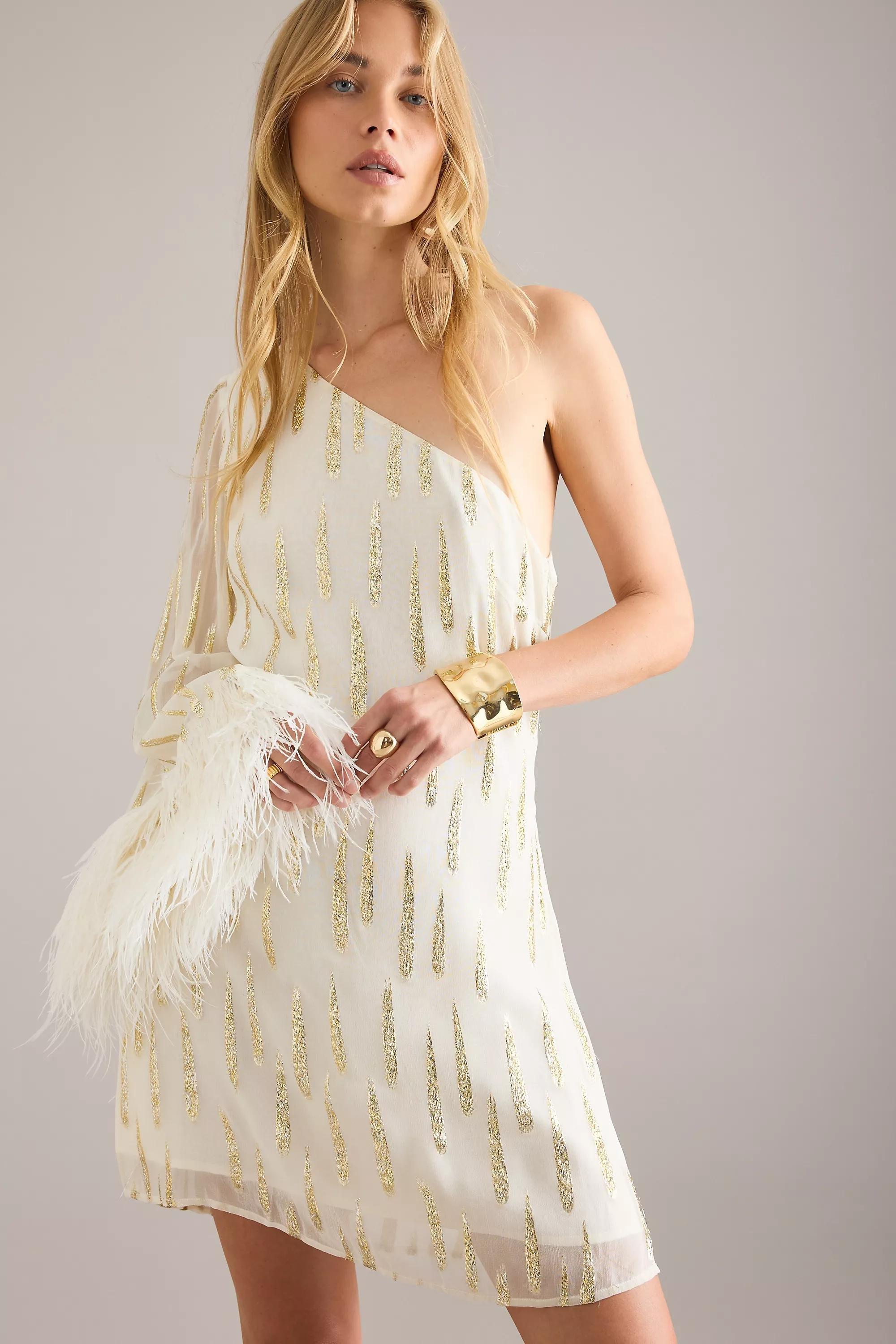 By Anthropologie Asymmetric Feathered Mini Dress, Ivory, A501_0011, large image number 4