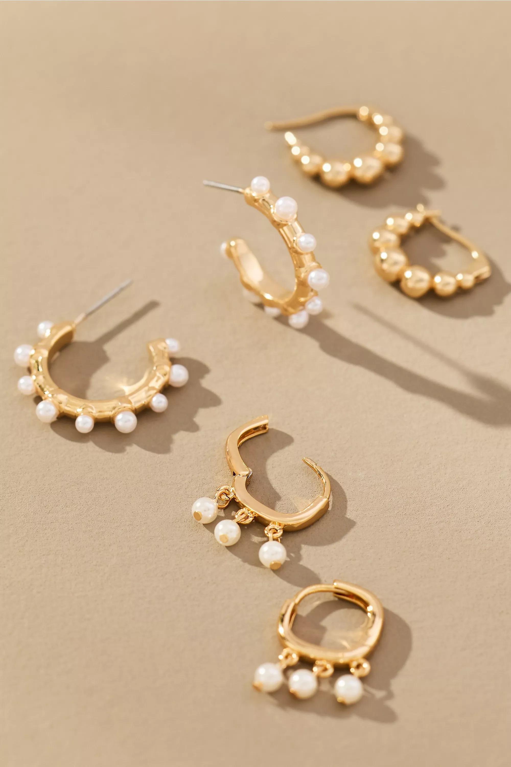 Mini Pearl Hoop Earrings, Set Of 3, Gold, A501_0070, medium