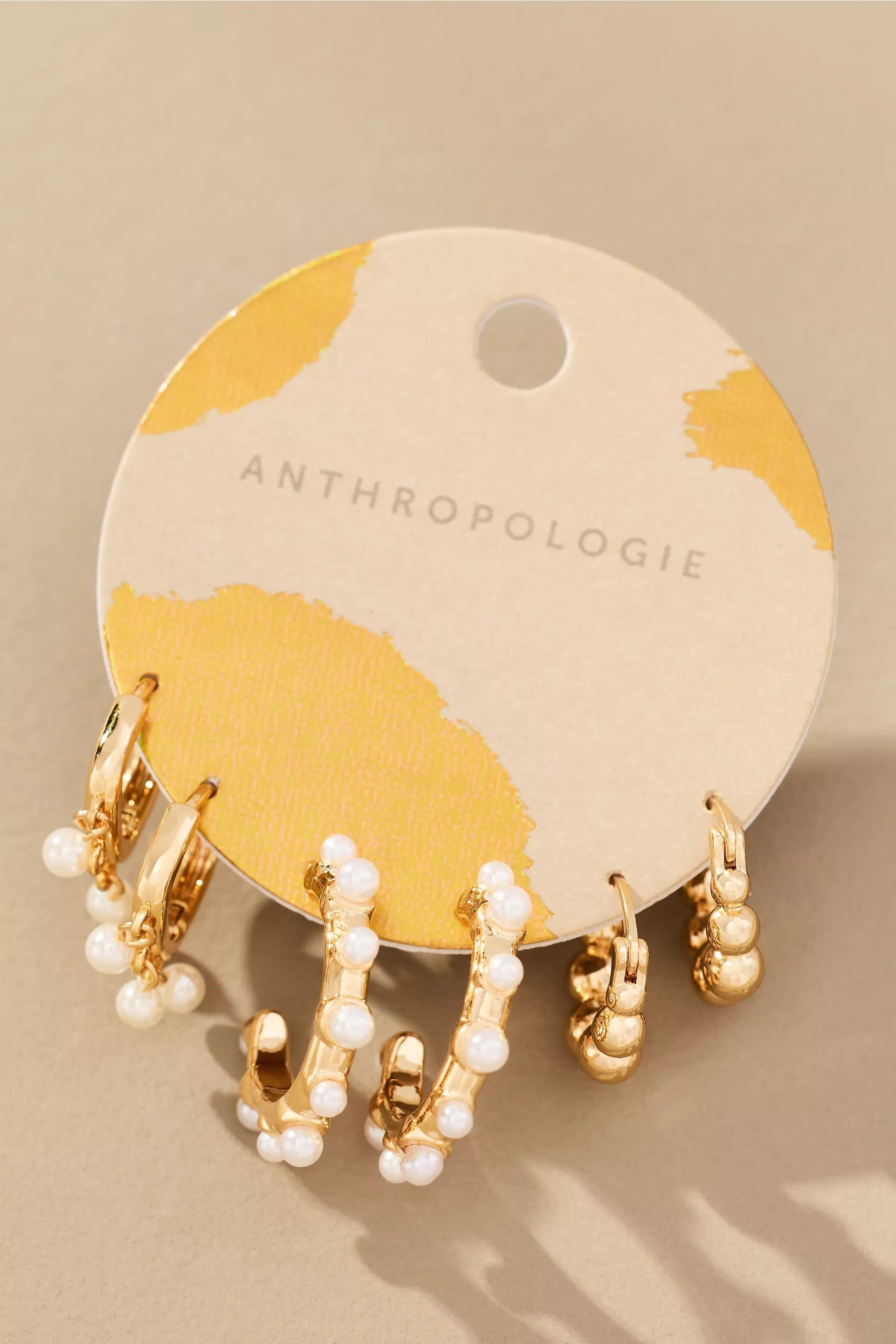 Mini Pearl Hoop Earrings, Set Of 3, Gold, A501_0070, large image number 3