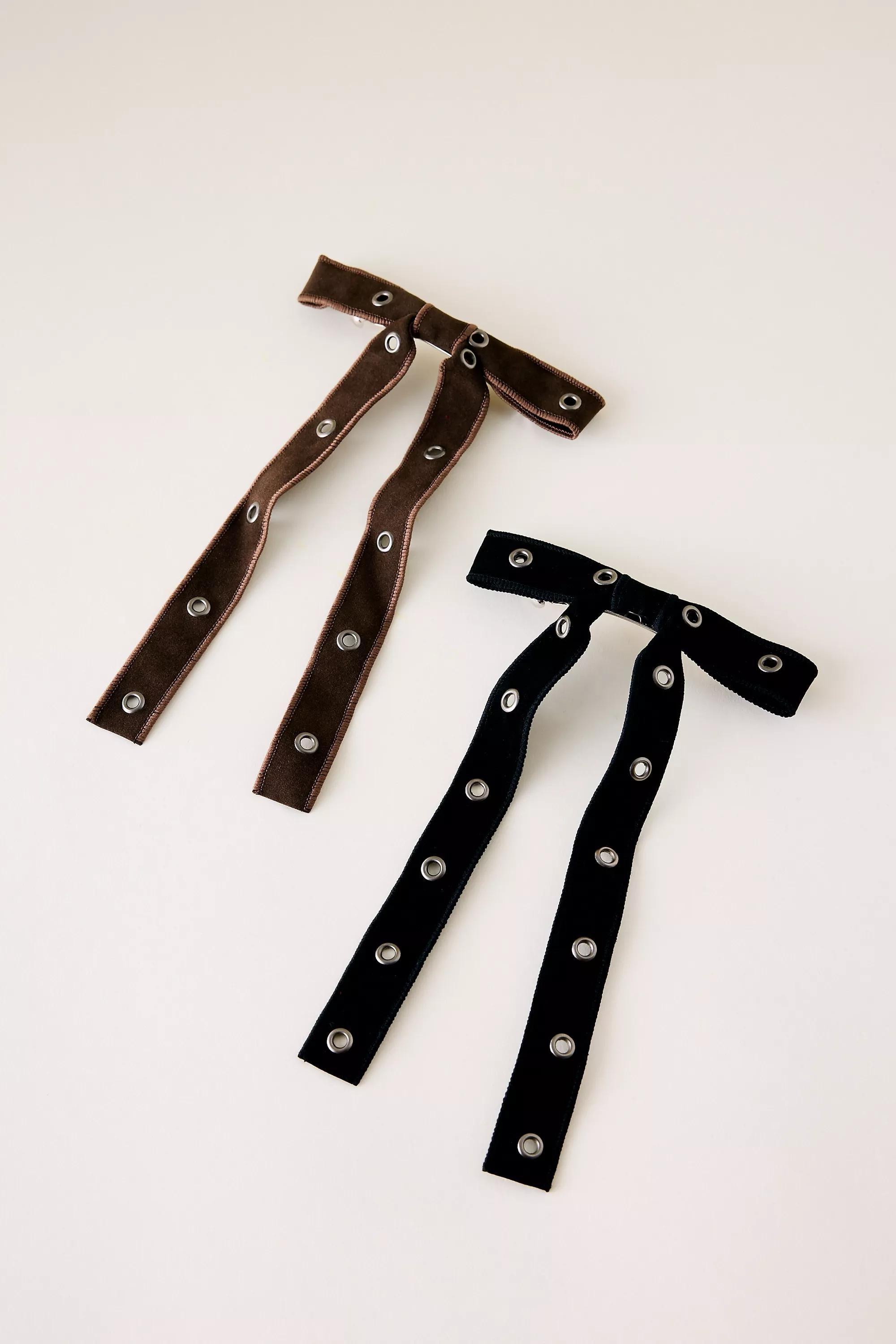 BROWN Faux-Suede Studded Bar Barrettes, Set of 2, Women, Brown, large image number 0