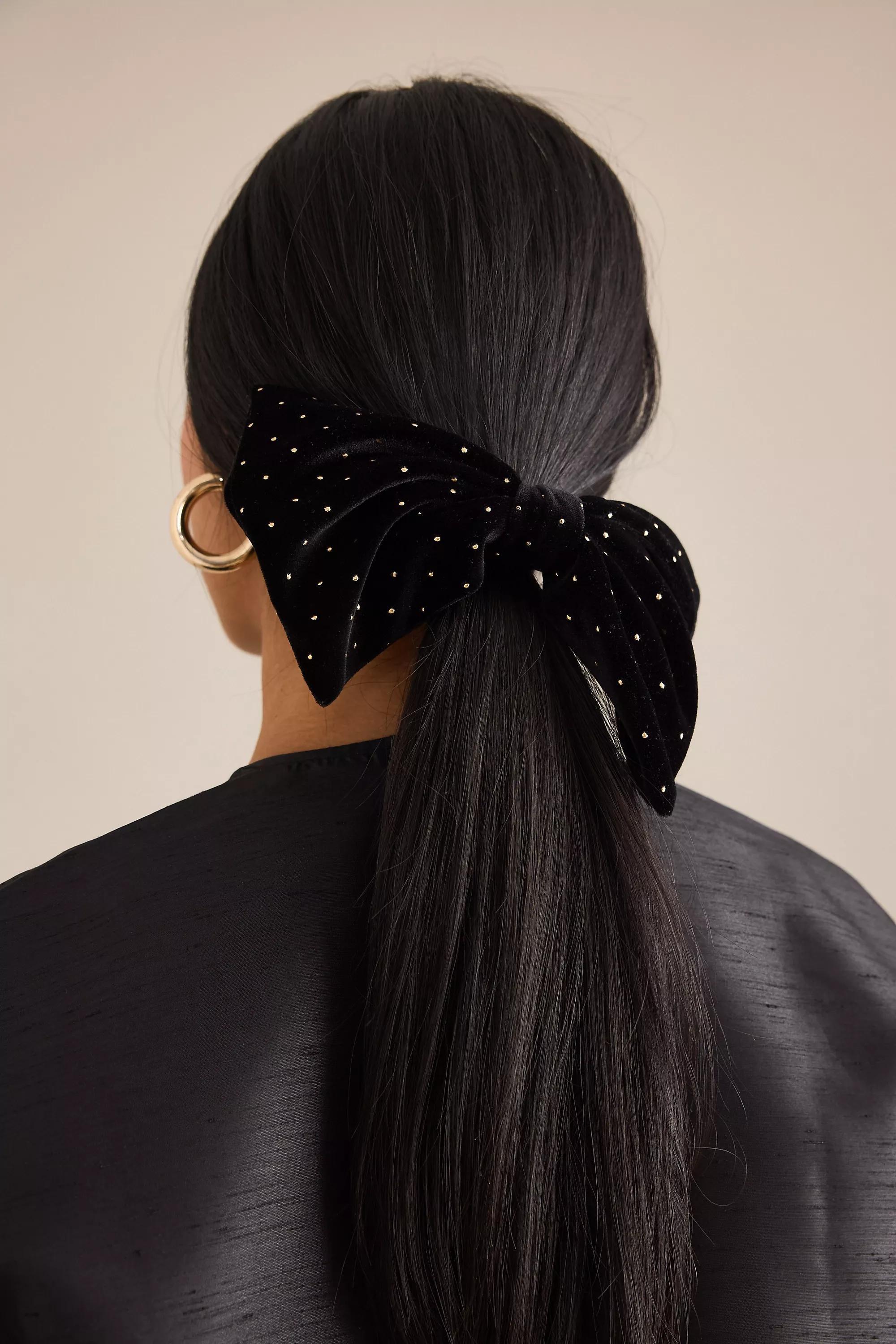 Velvet Studded Hair Bow, Black, A501_0001, large image number 0