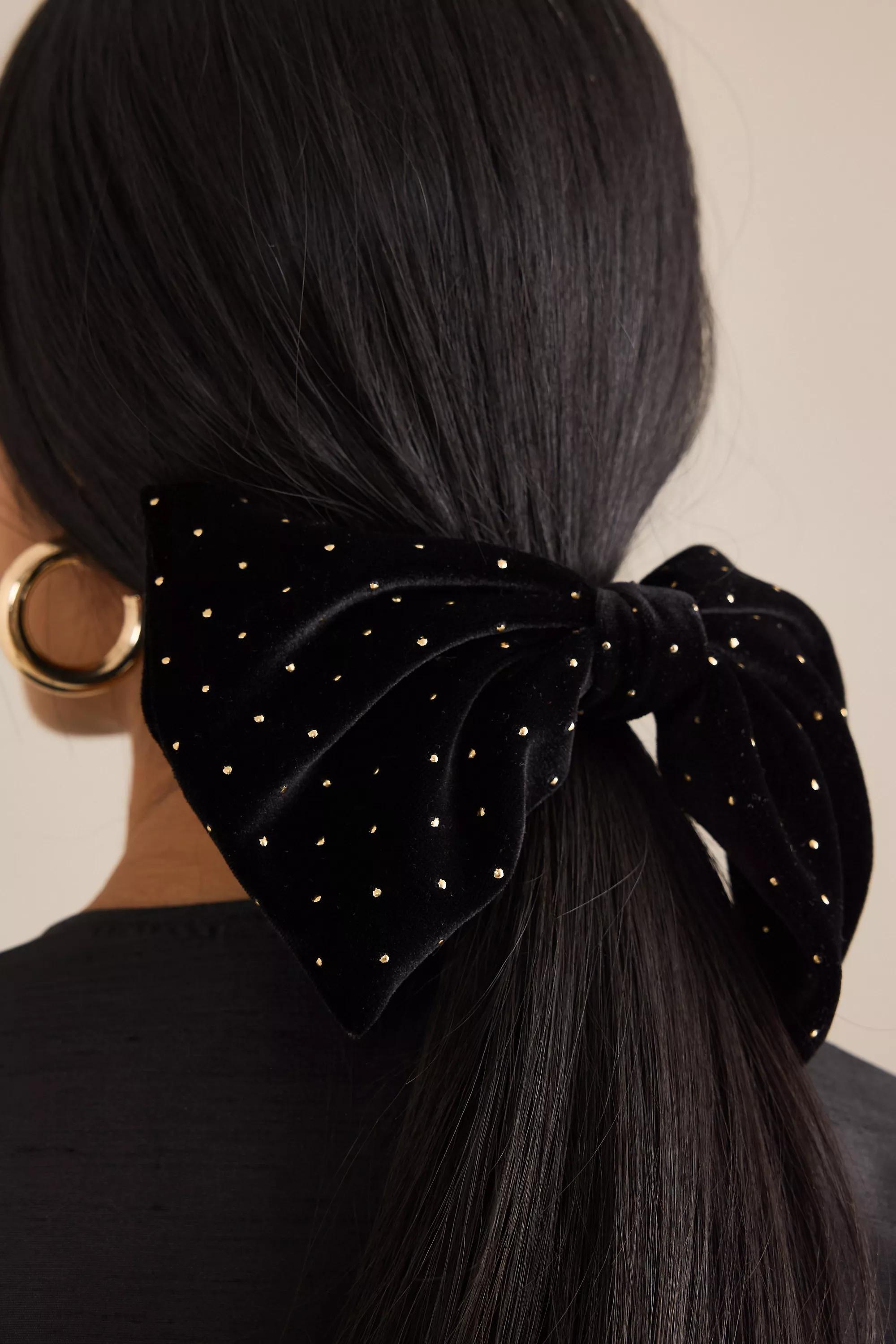 Velvet Studded Hair Bow, Black, A501_0001, large image number 3