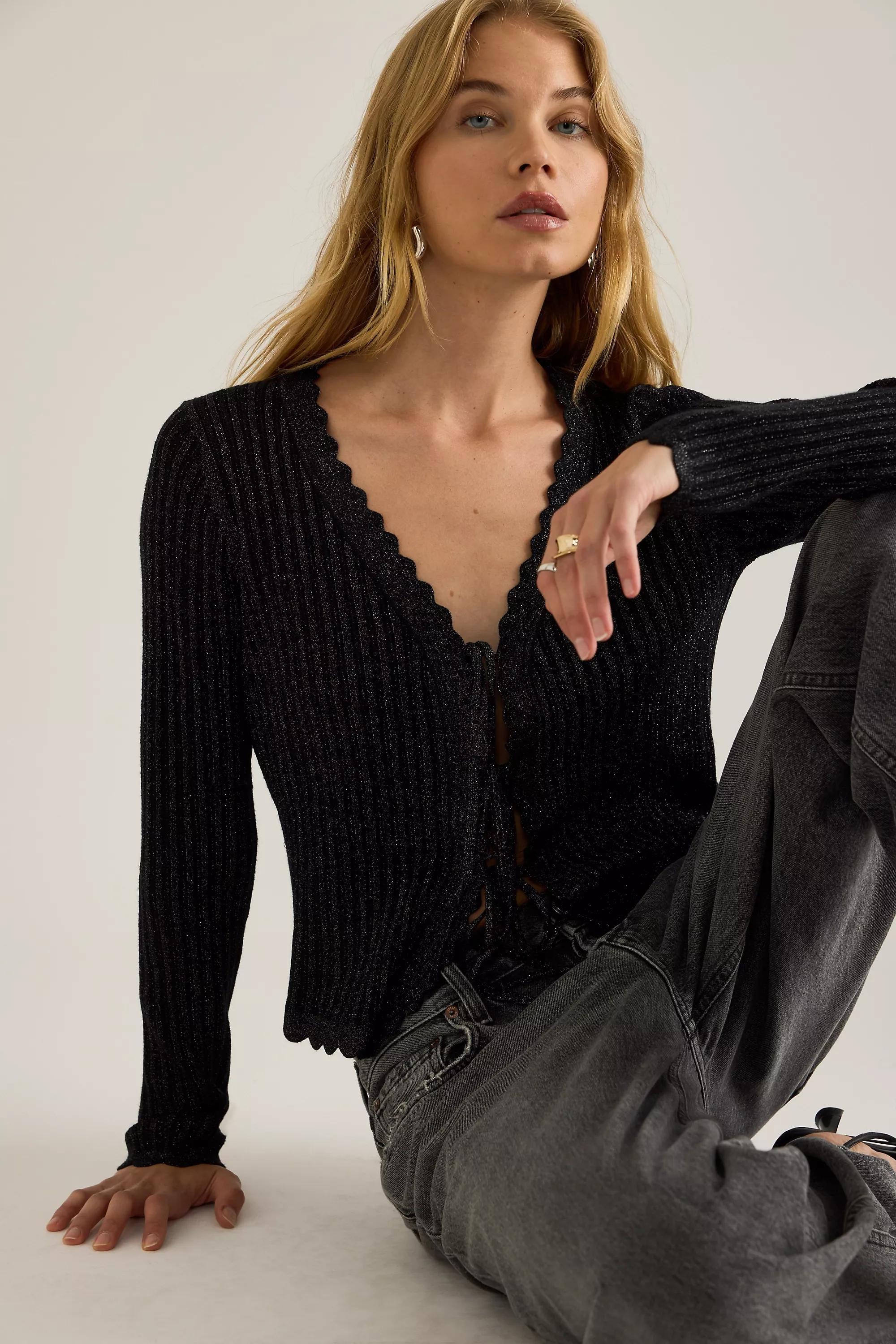By Anthropologie Sofia Lurex Tie-Front Cardigan, Black, A501_0001, large image number 4