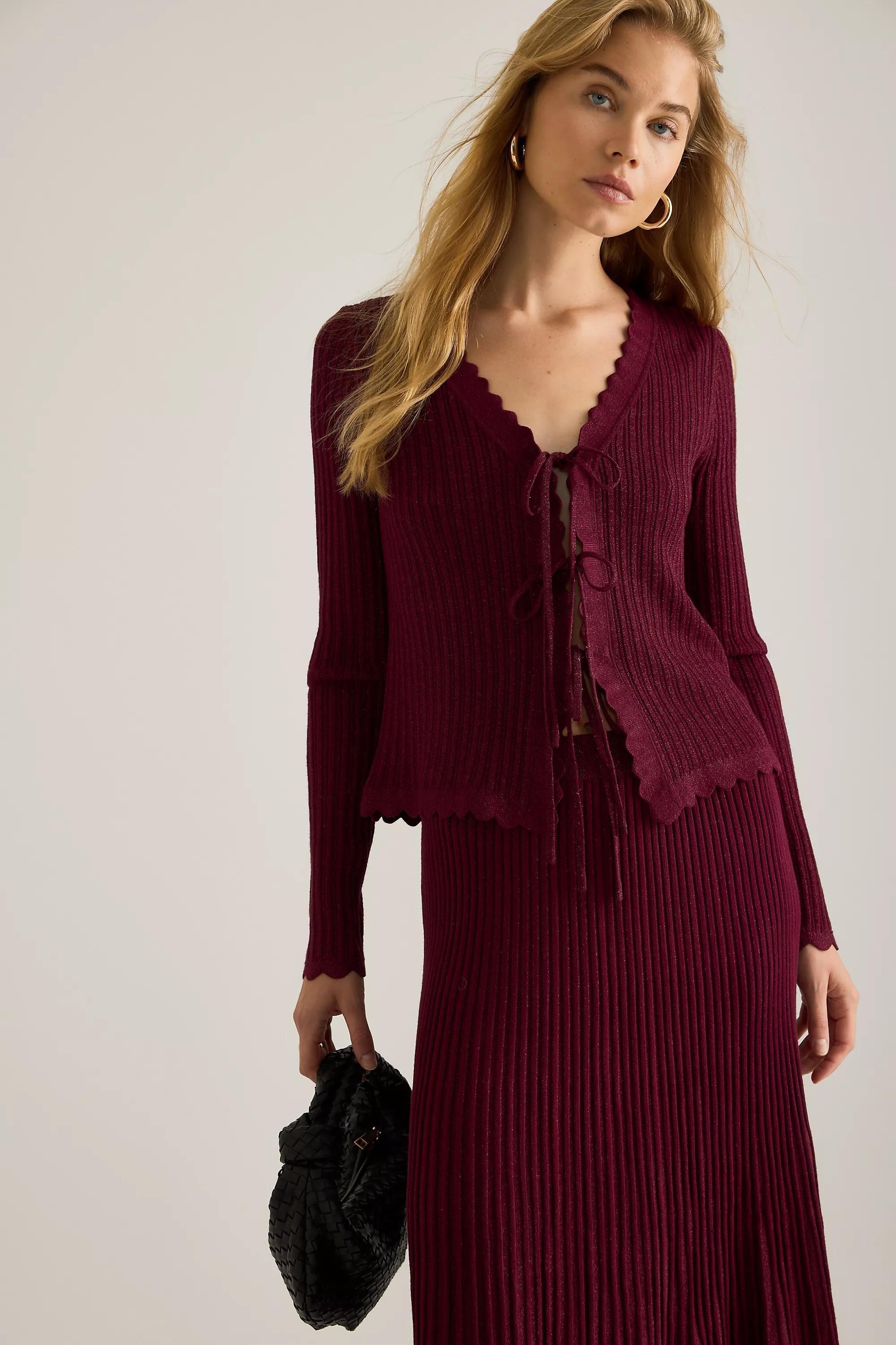 By Anthropologie Sofia Lurex Tie-Front Cardigan, Burgundy, A501_0259, large image number 0