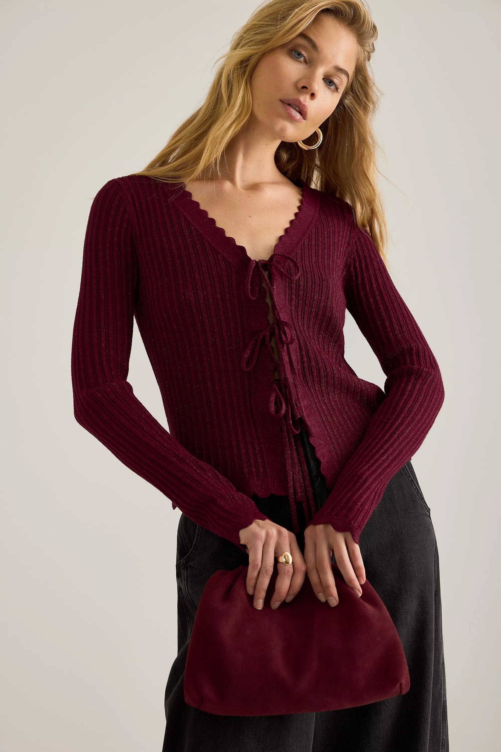 By Anthropologie Sofia Lurex Tie-Front Cardigan, Burgundy, A501_0259, large image number 2