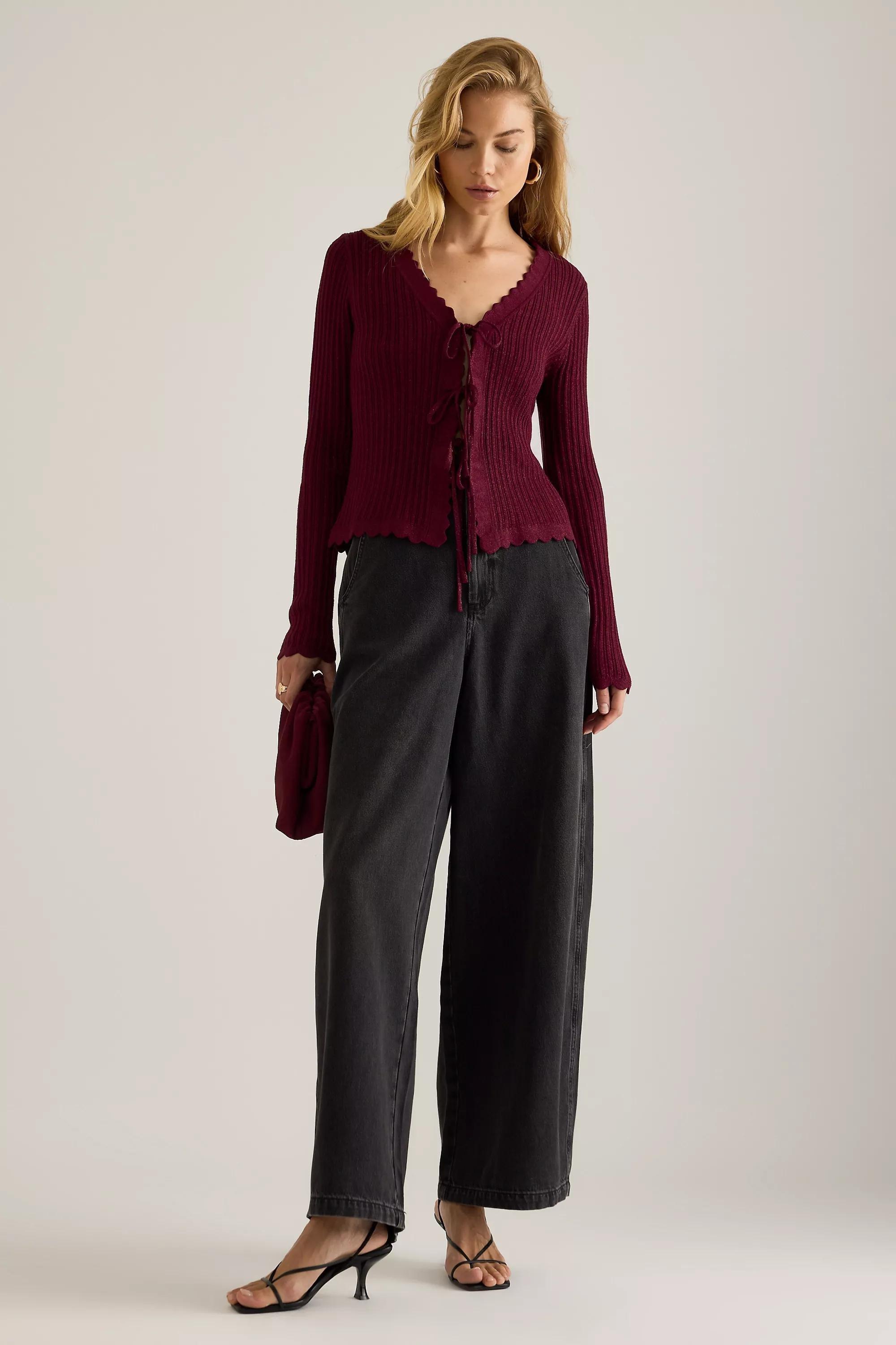 By Anthropologie Sofia Lurex Tie-Front Cardigan, Burgundy, A501_0259, large image number 3