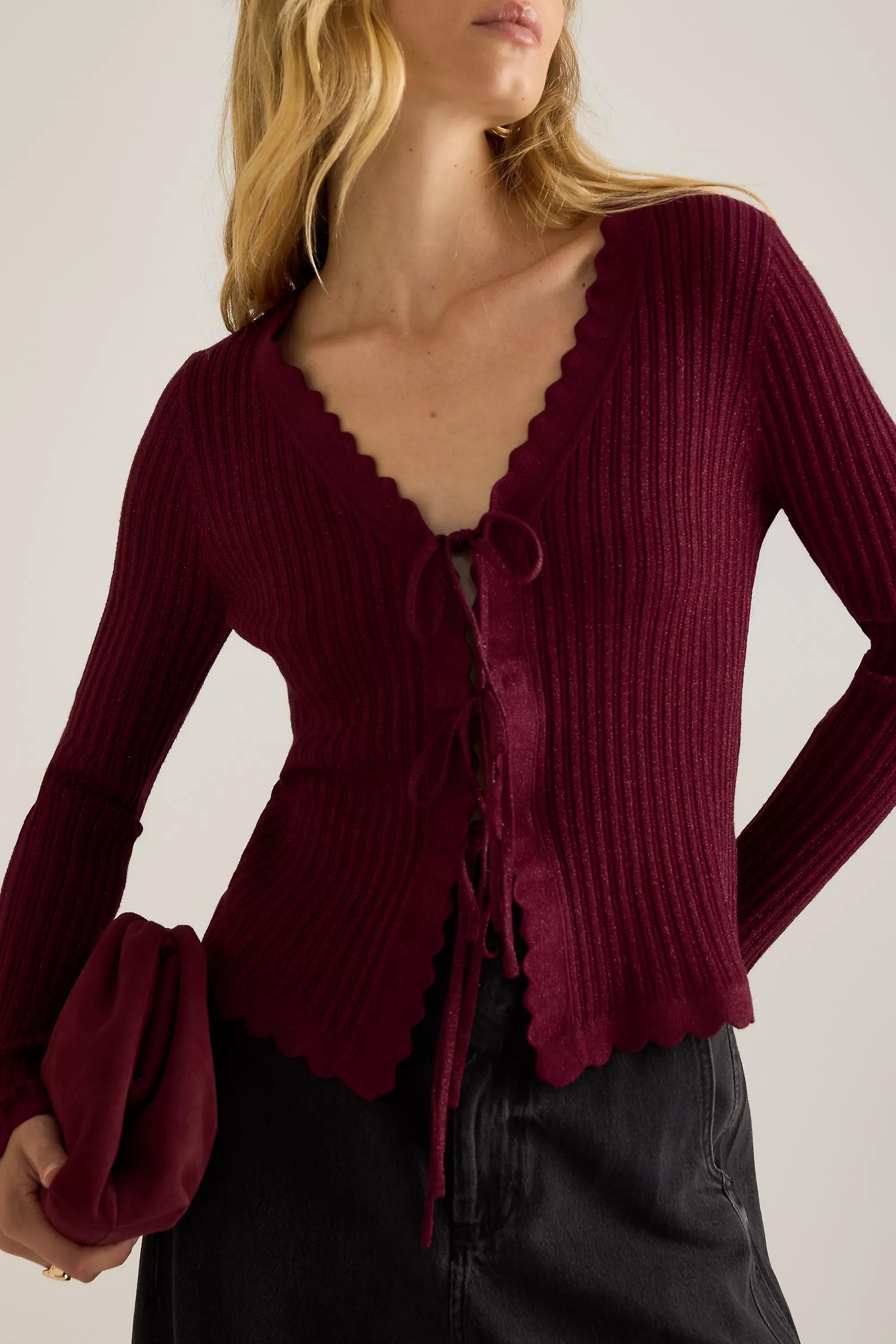 By Anthropologie Sofia Lurex Tie-Front Cardigan, Burgundy, A501_0259, large image number 5