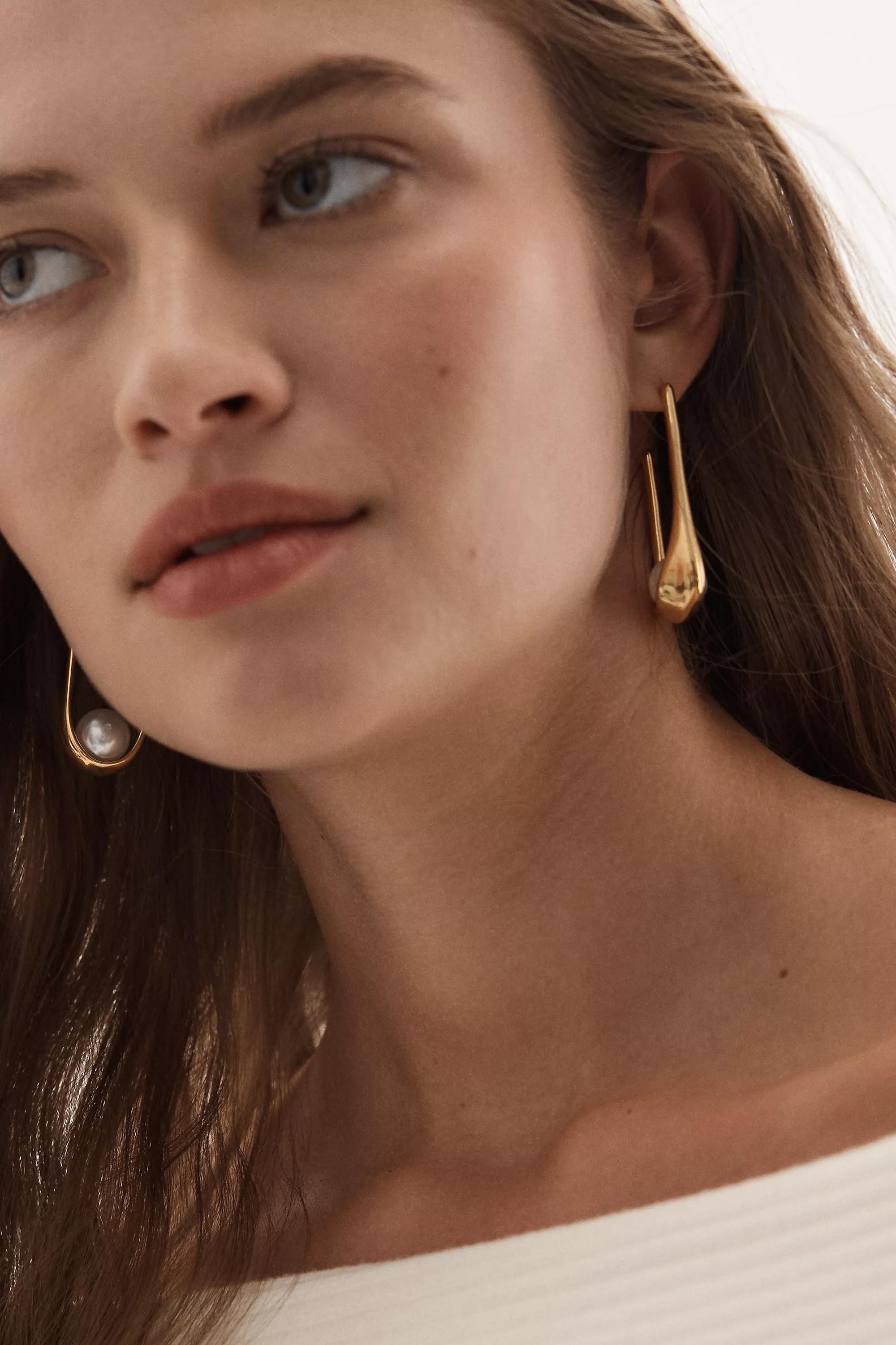 Dandy Pearl Vintage Hoop Earrings, Gold, A501_0070, large image number 1