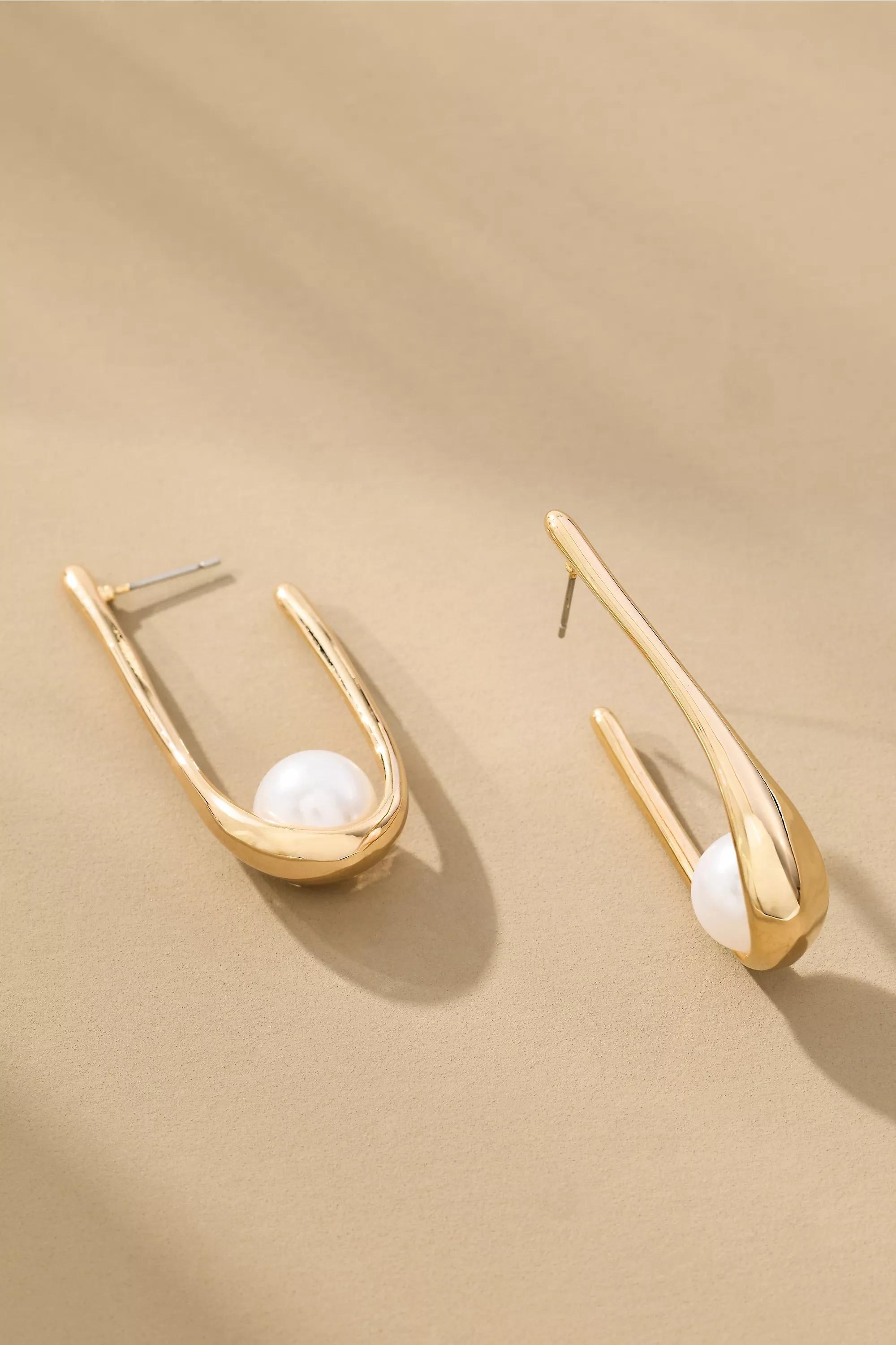 Dandy Pearl Vintage Hoop Earrings, Gold, A501_0070, large image number 2