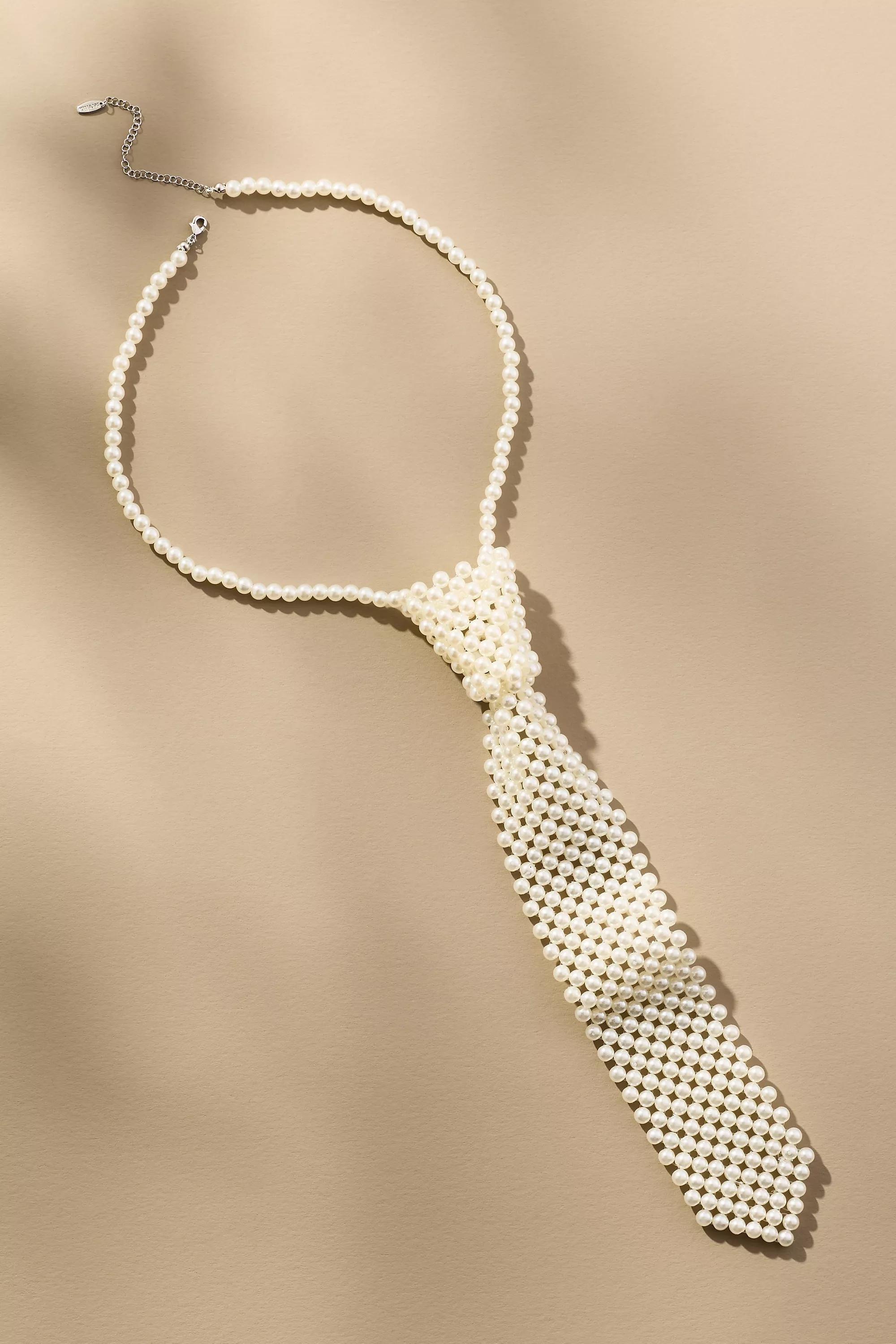 Pearl Tie Necklace, White, A501_0017, large image number 0