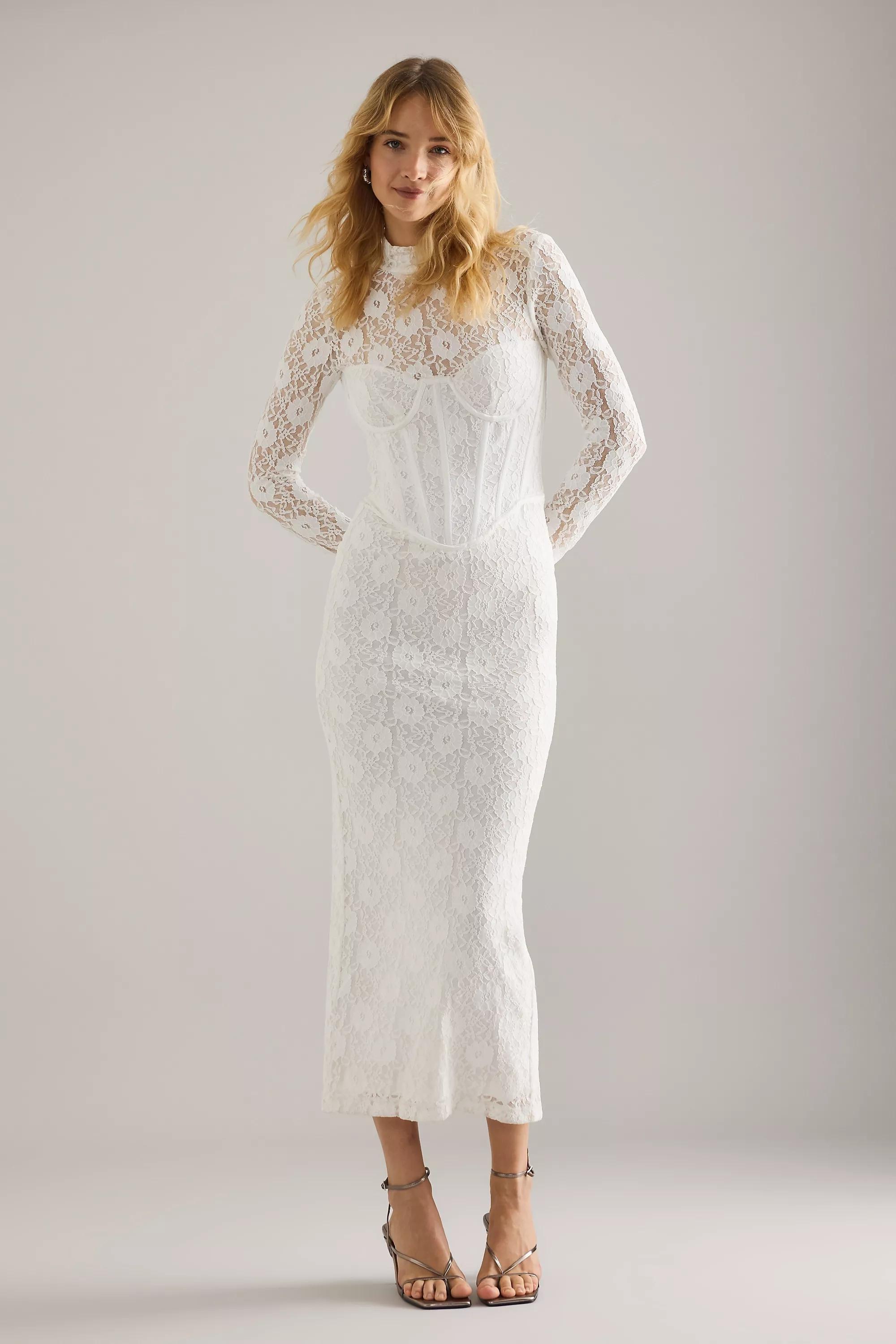 Lace Corset Long-Sleeve Midi Dress, White, A501_0010, large image number 0