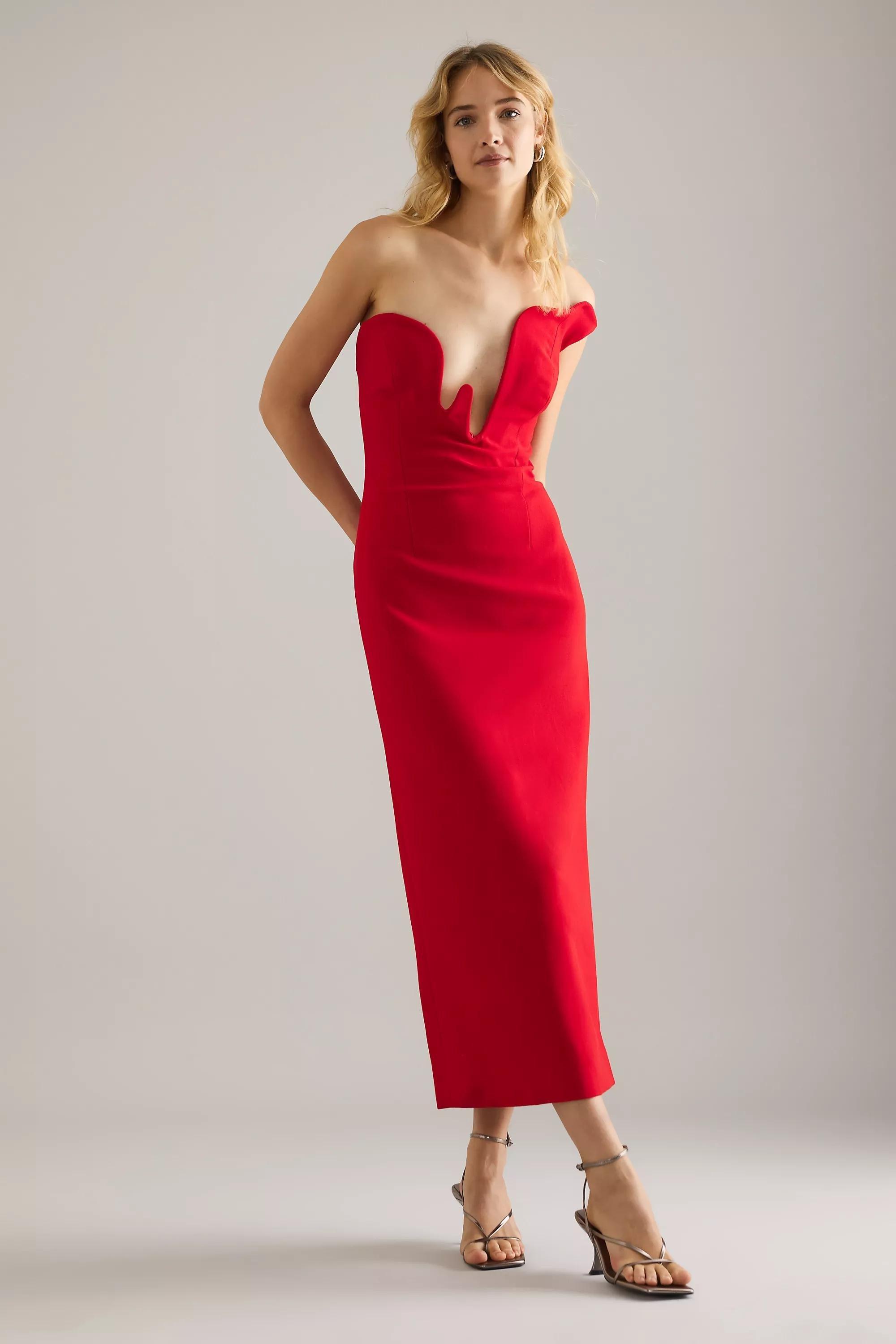 Strapless Plunge Midi Dress, Red, A501_0060, medium