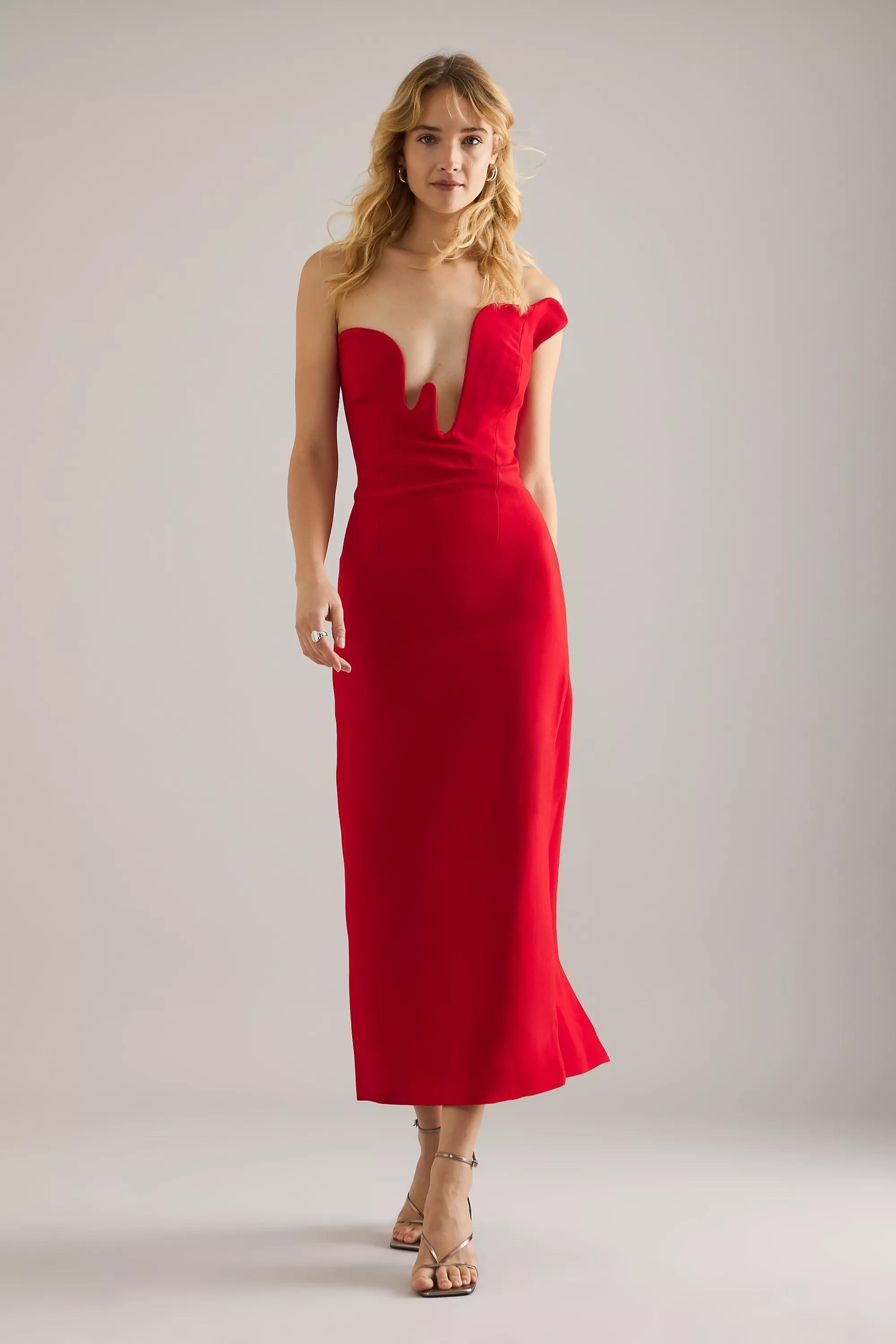 Strapless Plunge Midi Dress, Red, A501_0060, large image number 2