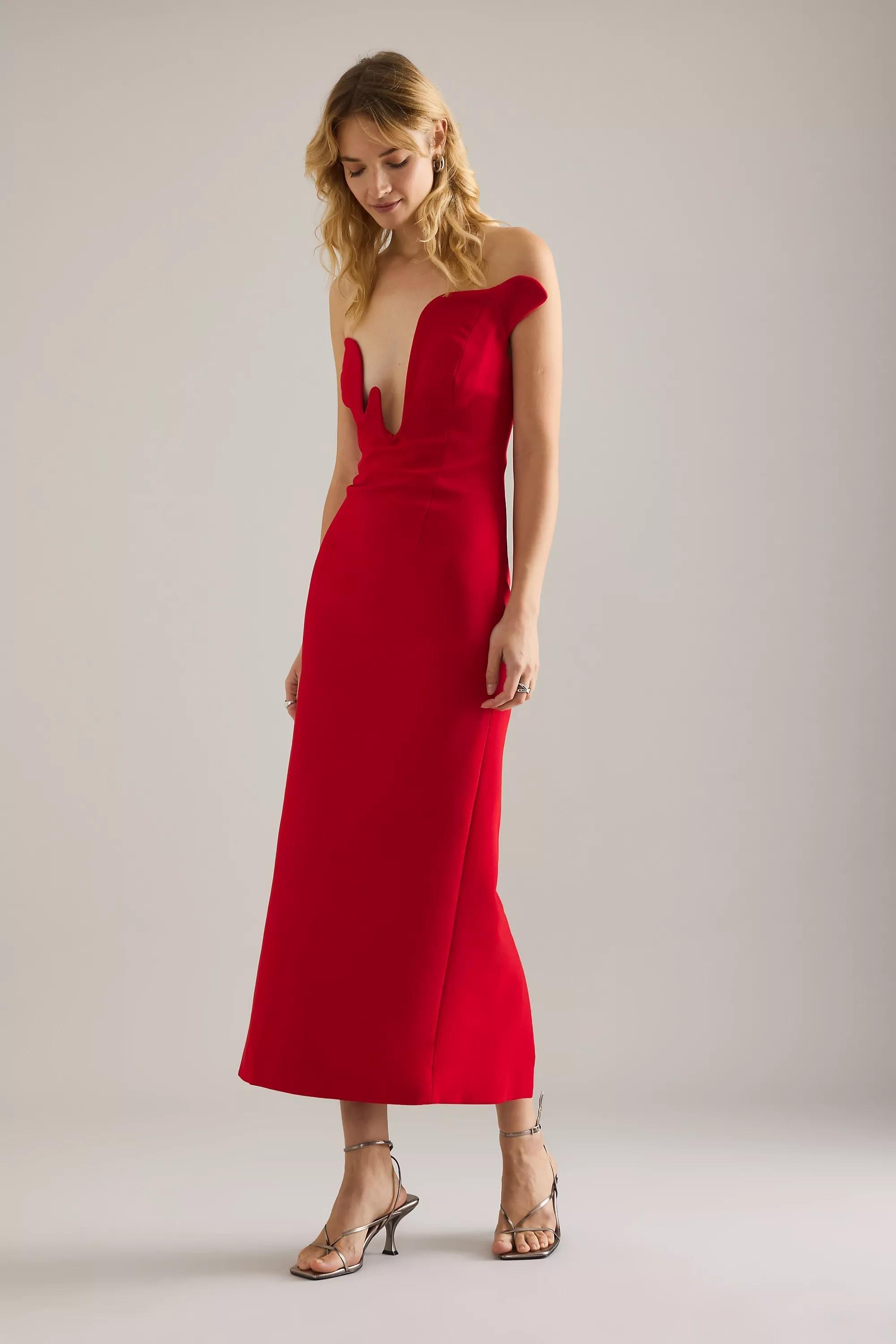 Strapless Plunge Midi Dress, Red, A501_0060, large image number 4