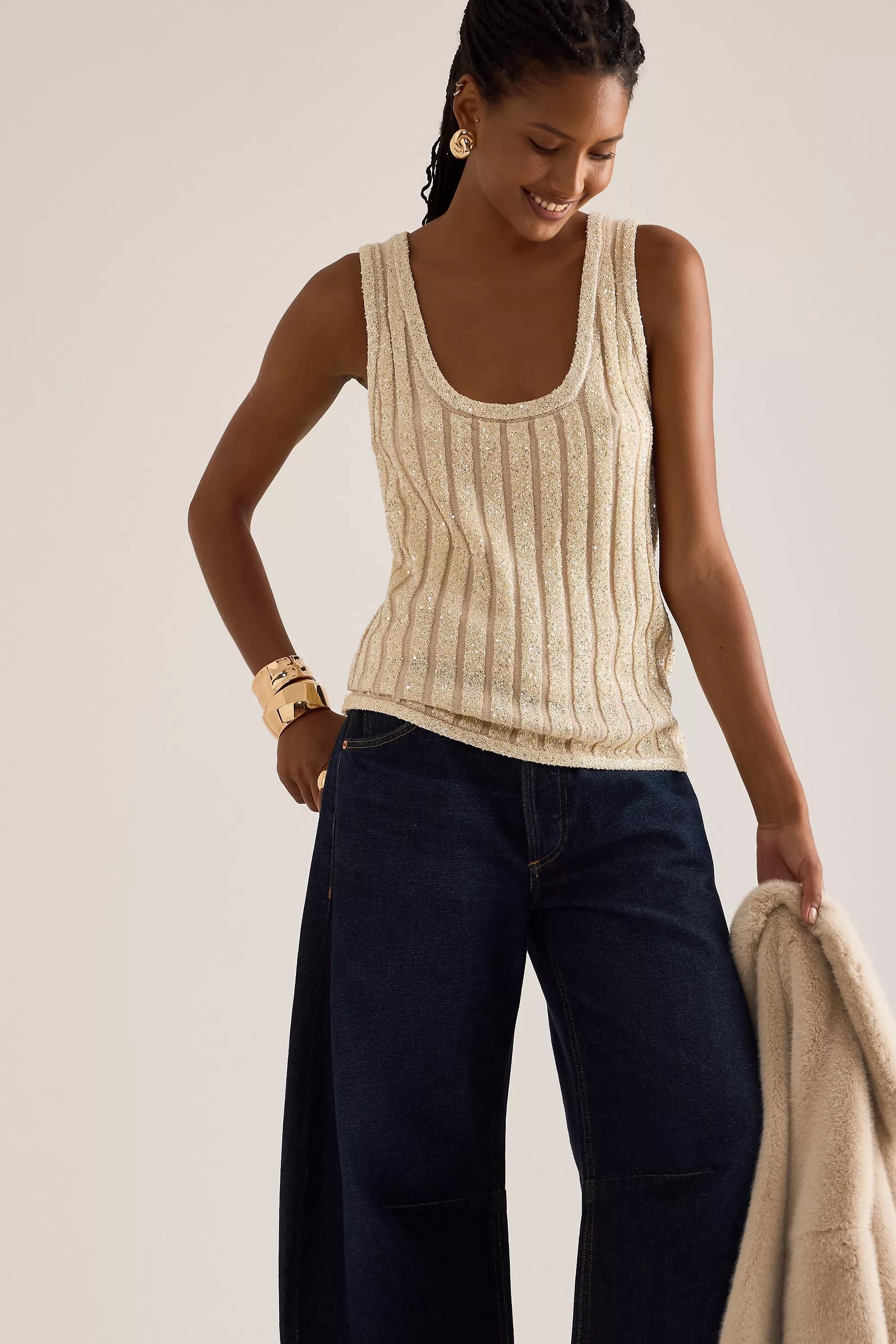 By Anthropologie Sequin Scoop Tank Top, Beige, A501_0012, large image number 0