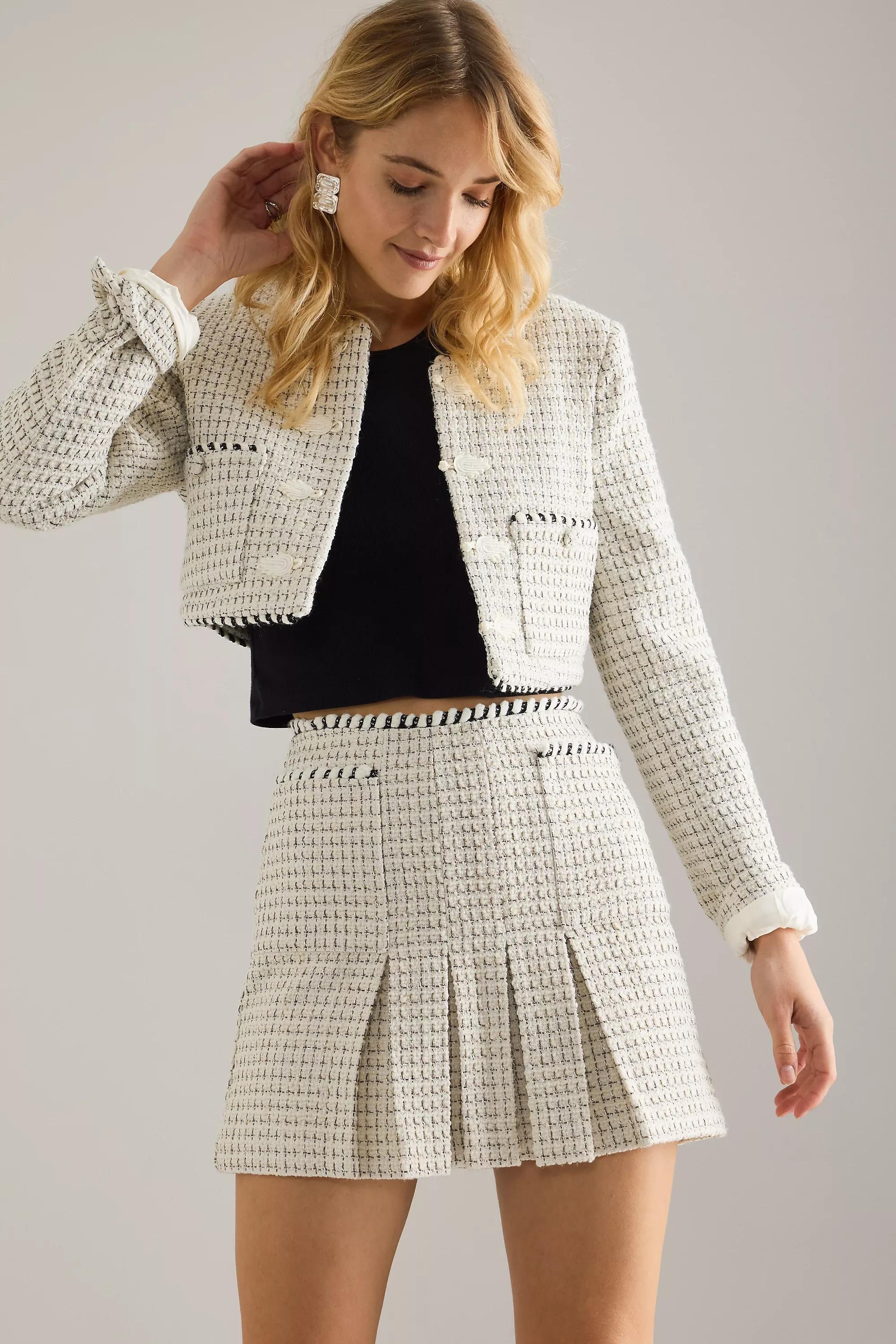 Bardot Florine Boucle Pleated Mini Skirt, White, A501_0011, large image number 0