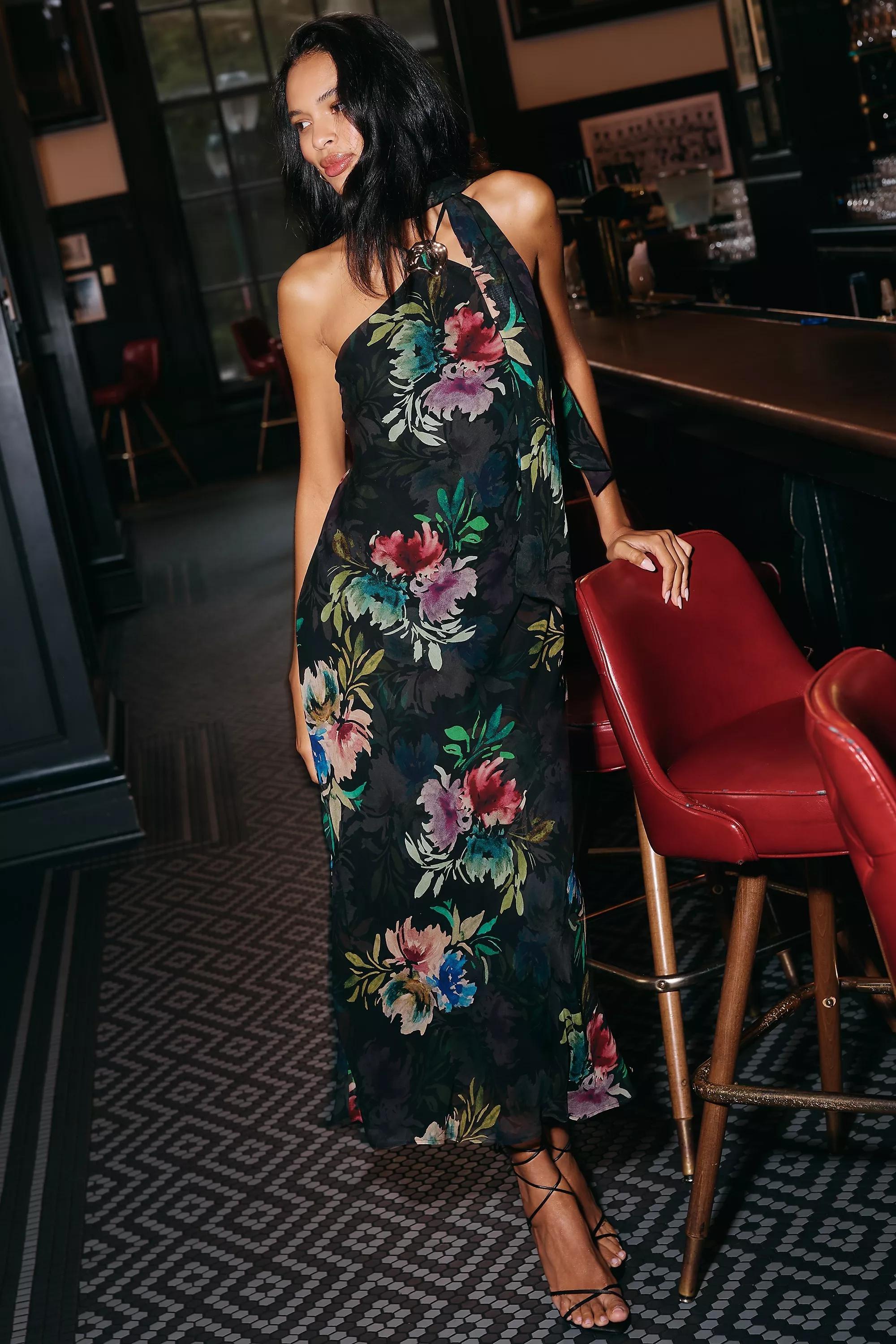 By Anthropologie Hardware Halter Scarf Slip Maxi Dress, Black, A501_0520, medium