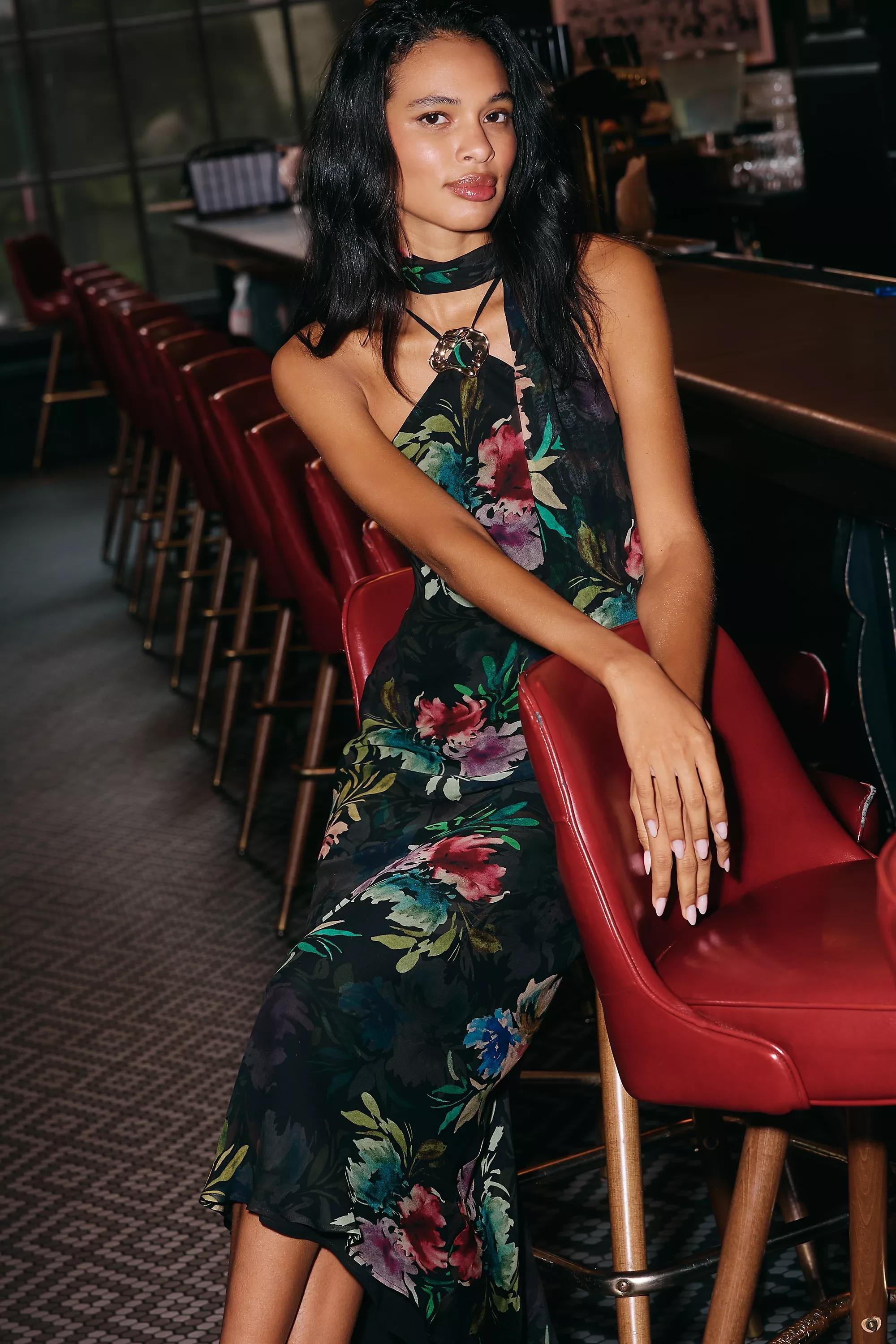 By Anthropologie Hardware Halter Scarf Slip Maxi Dress, Black, A501_0520, large image number 3