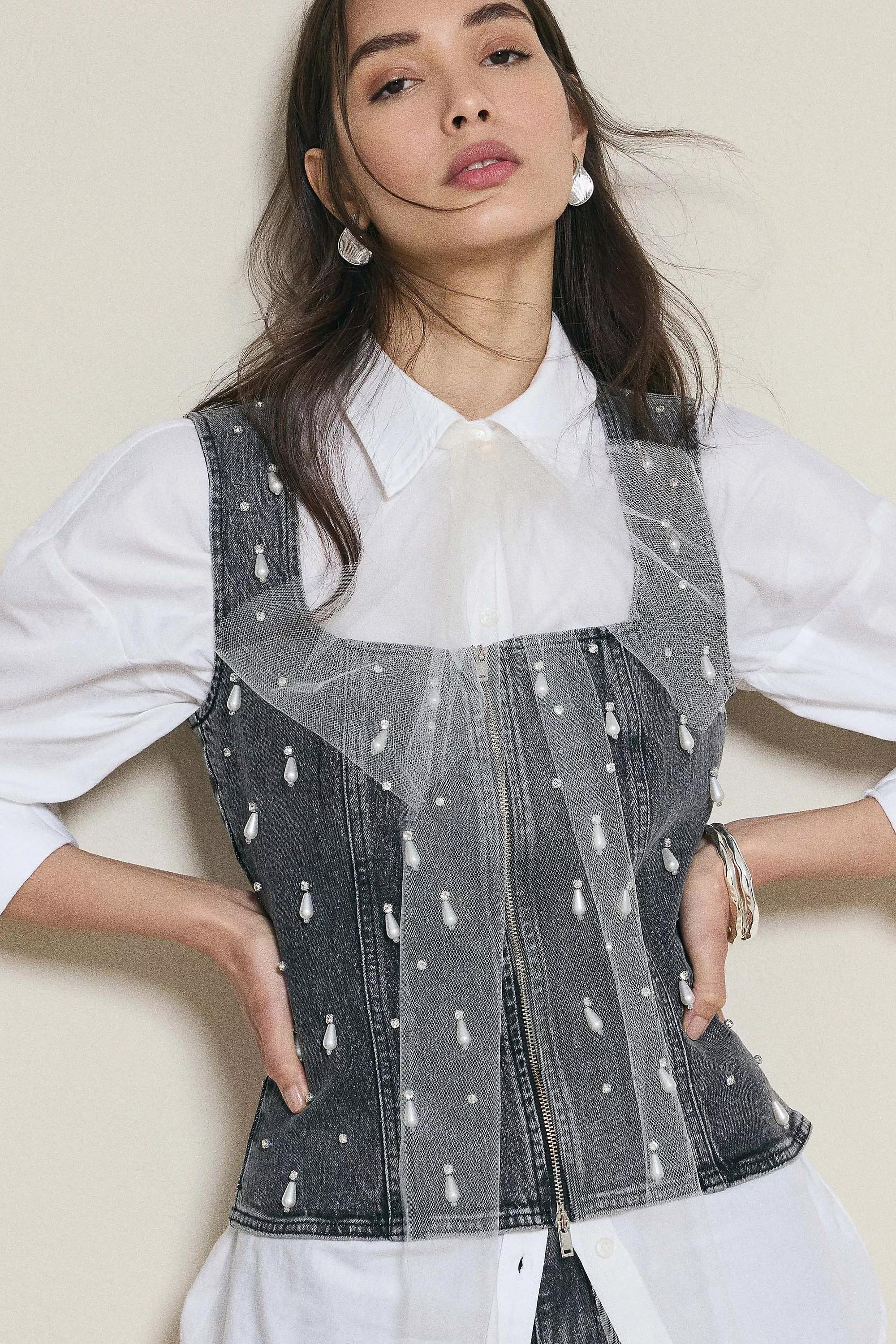 By Anthropologie Pearl-Embellished Corset Top, Black, A501_0001, large image number 0