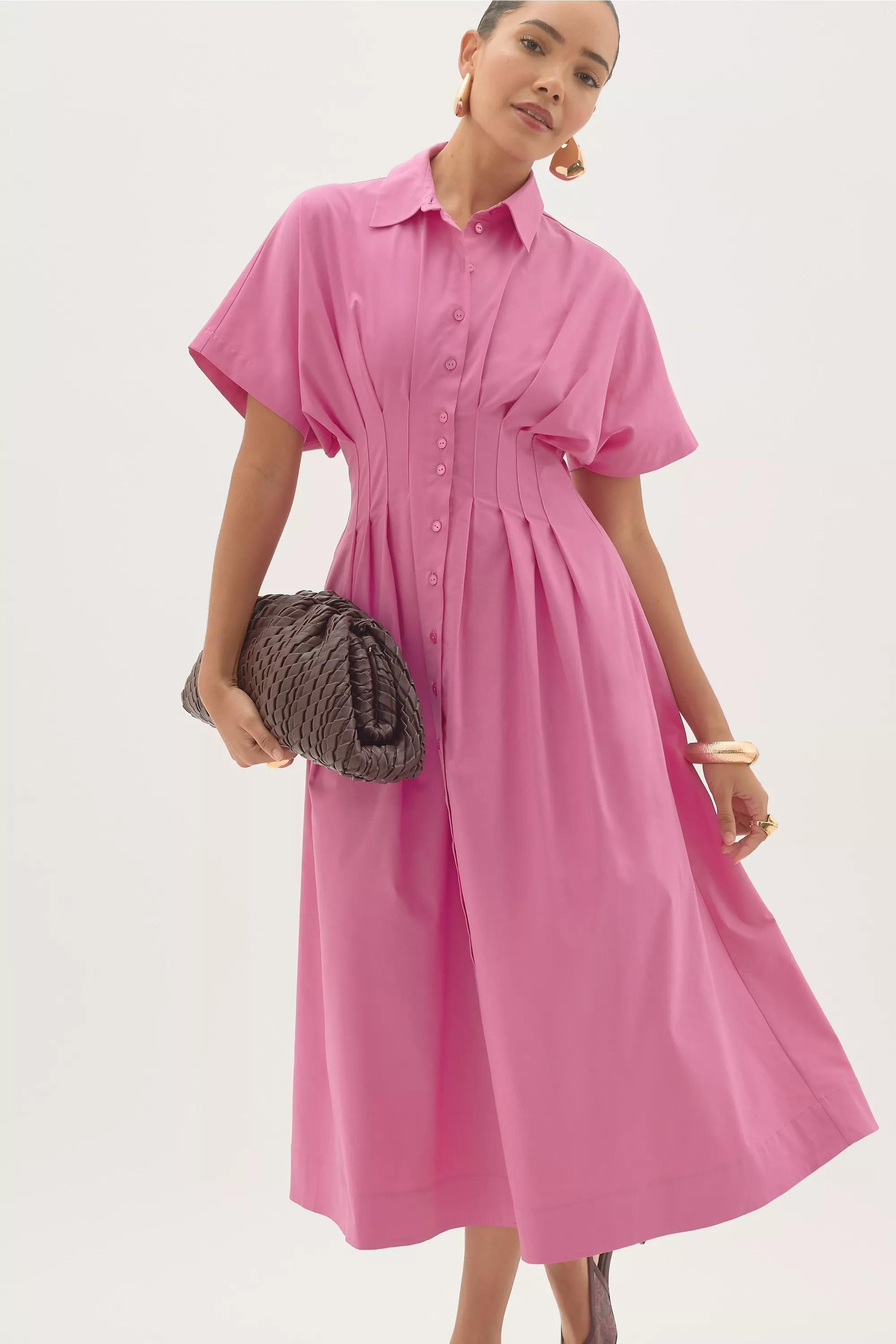 By Exquise Pleated Short-Sleeve Midi Shirt Dress, Red, A501_0065, medium