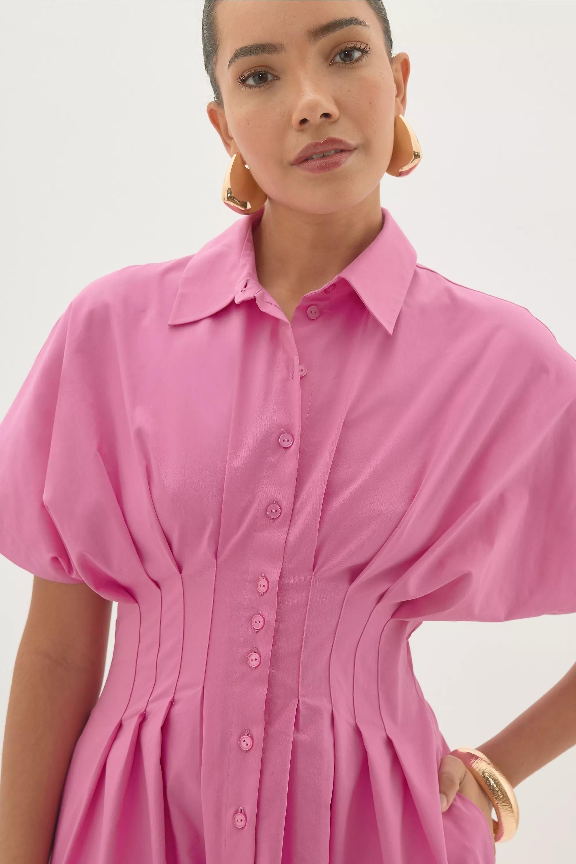 By Exquise Pleated Short-Sleeve Midi Shirt Dress, Red, A501_0065, medium