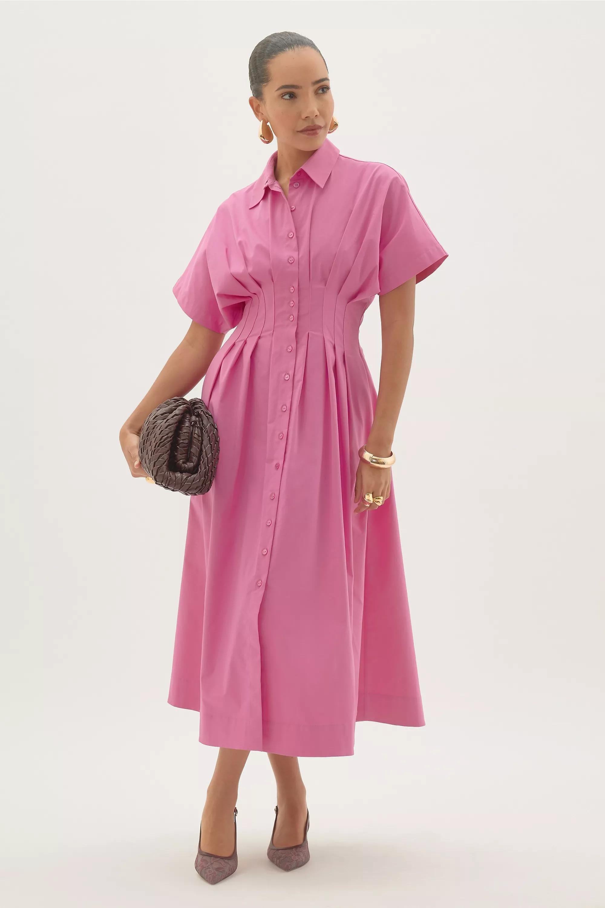 By Exquise Pleated Short-Sleeve Midi Shirt Dress, Red, A501_0065, medium