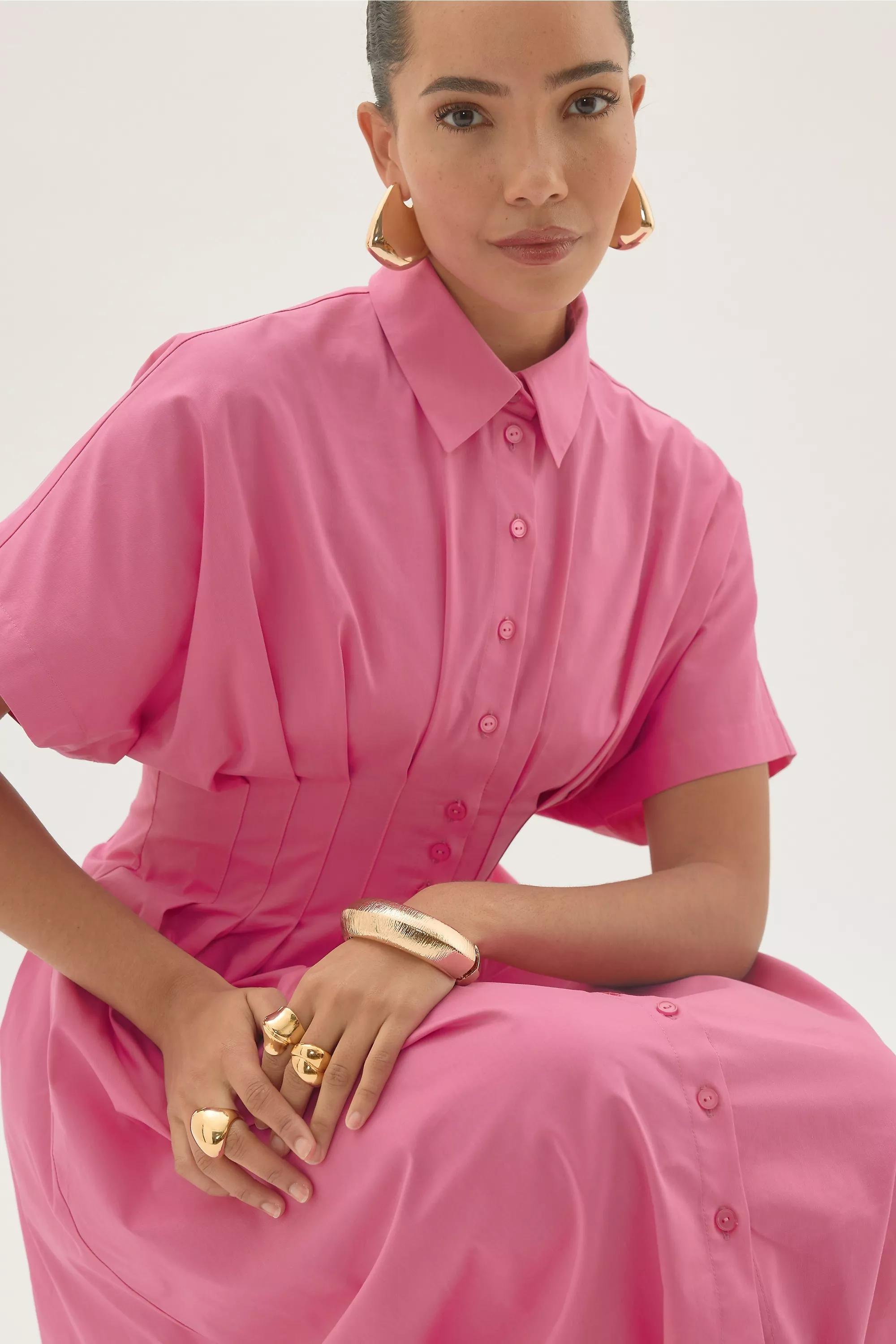 By Exquise Pleated Short-Sleeve Midi Shirt Dress, Pink, A501_0065, large image number 3