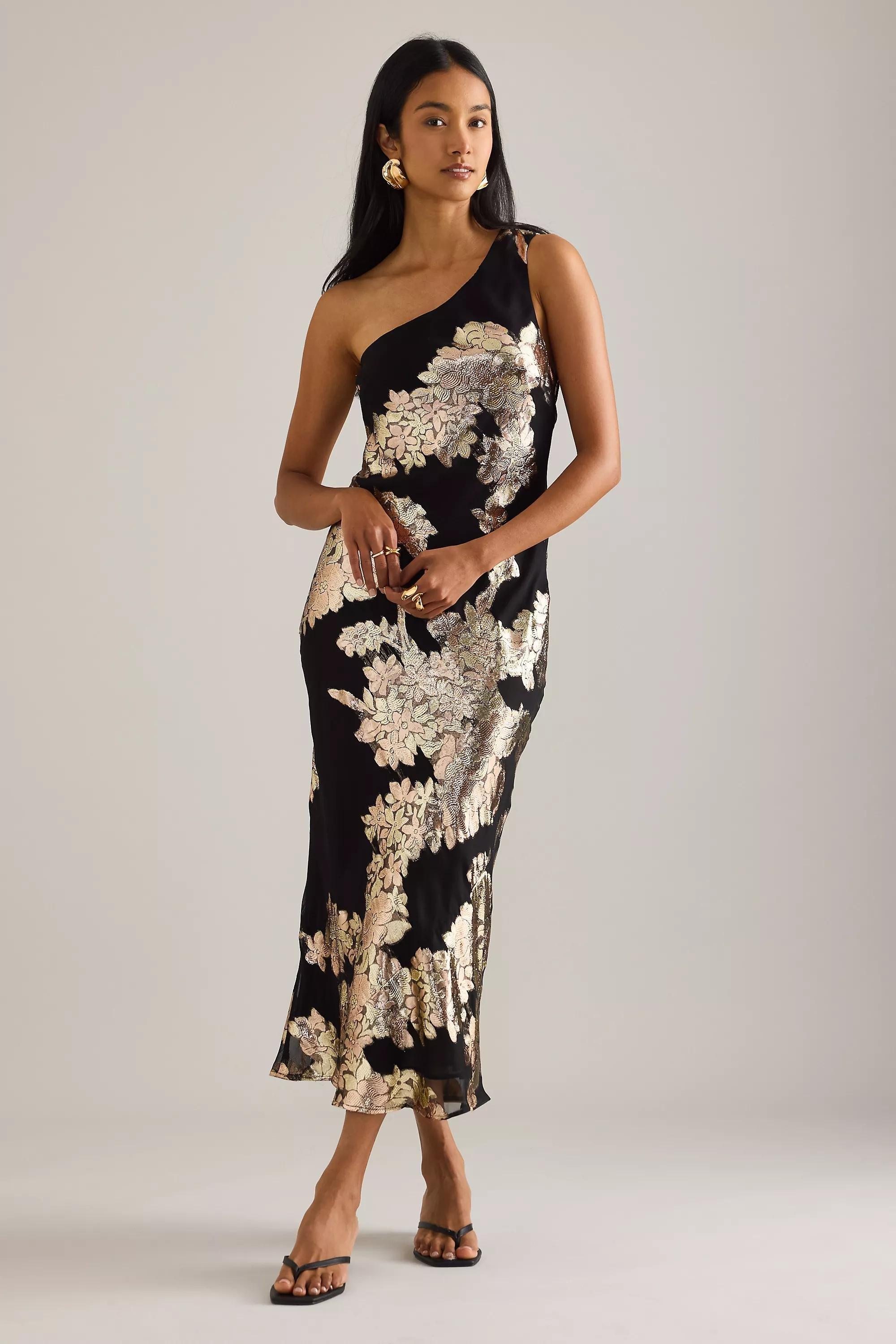 The Lily One-Shoulder Jacquard Midi Slip Dress, Black, A501_0001, large image number 0