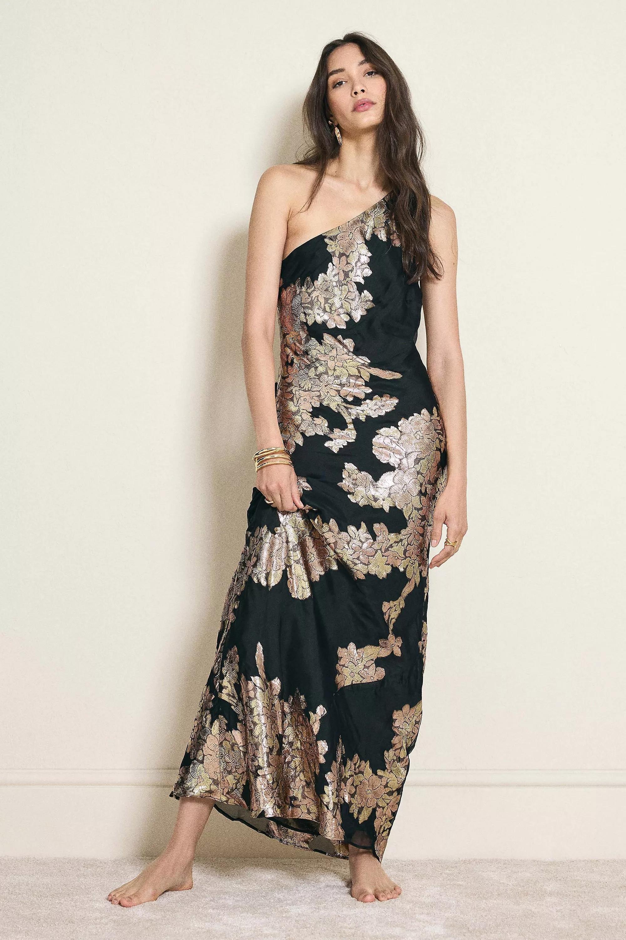 The Lily One-Shoulder Jacquard Midi Slip Dress, Black, A501_0001, medium