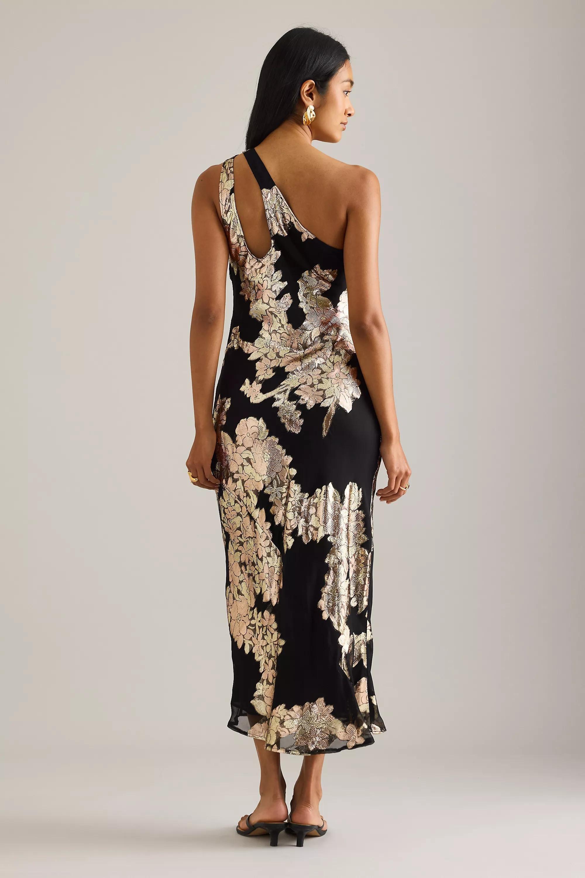 The Lily One-Shoulder Jacquard Midi Slip Dress, Black, A501_0001, medium