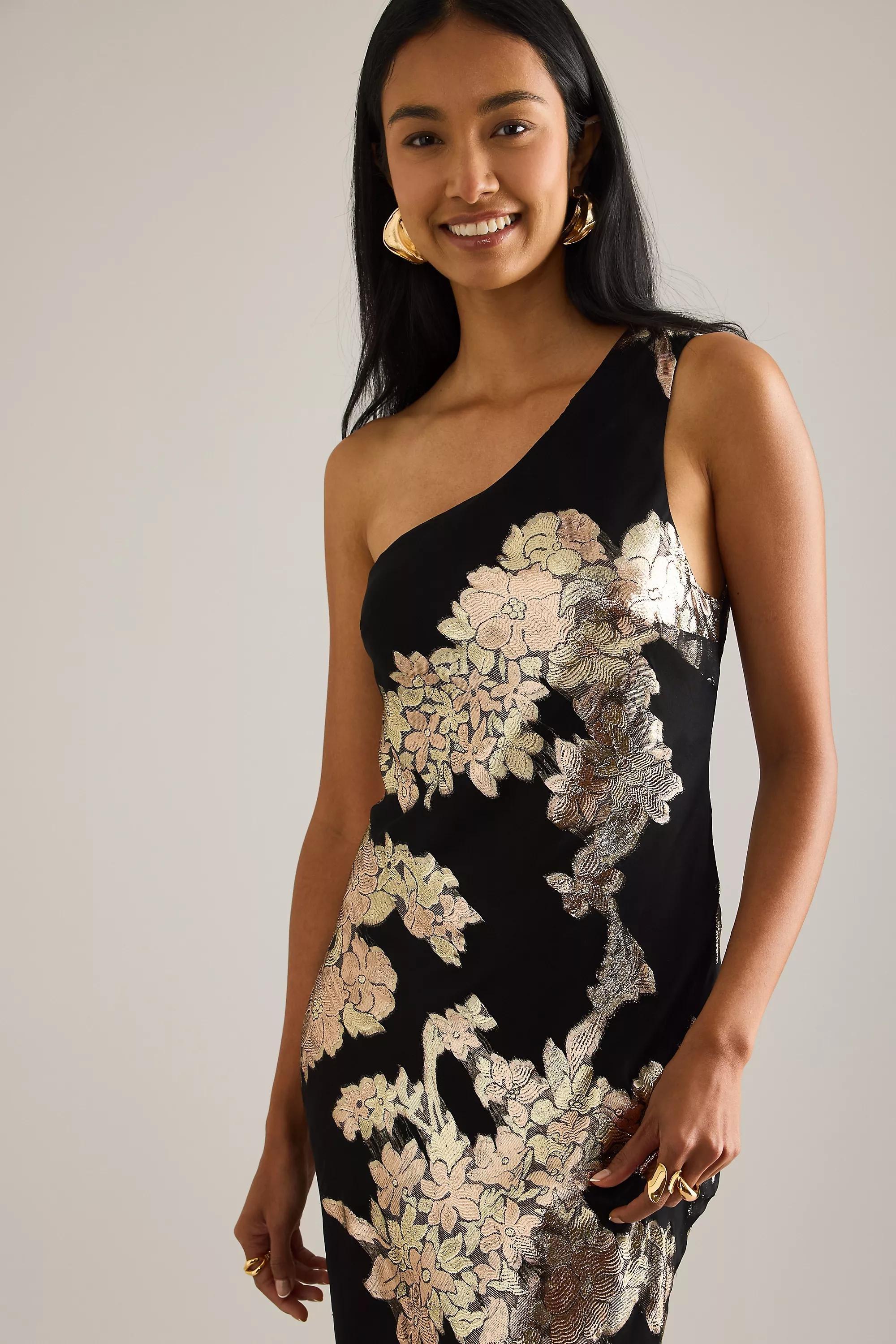 The Lily One-Shoulder Jacquard Midi Slip Dress, Black, A501_0001, large image number 5