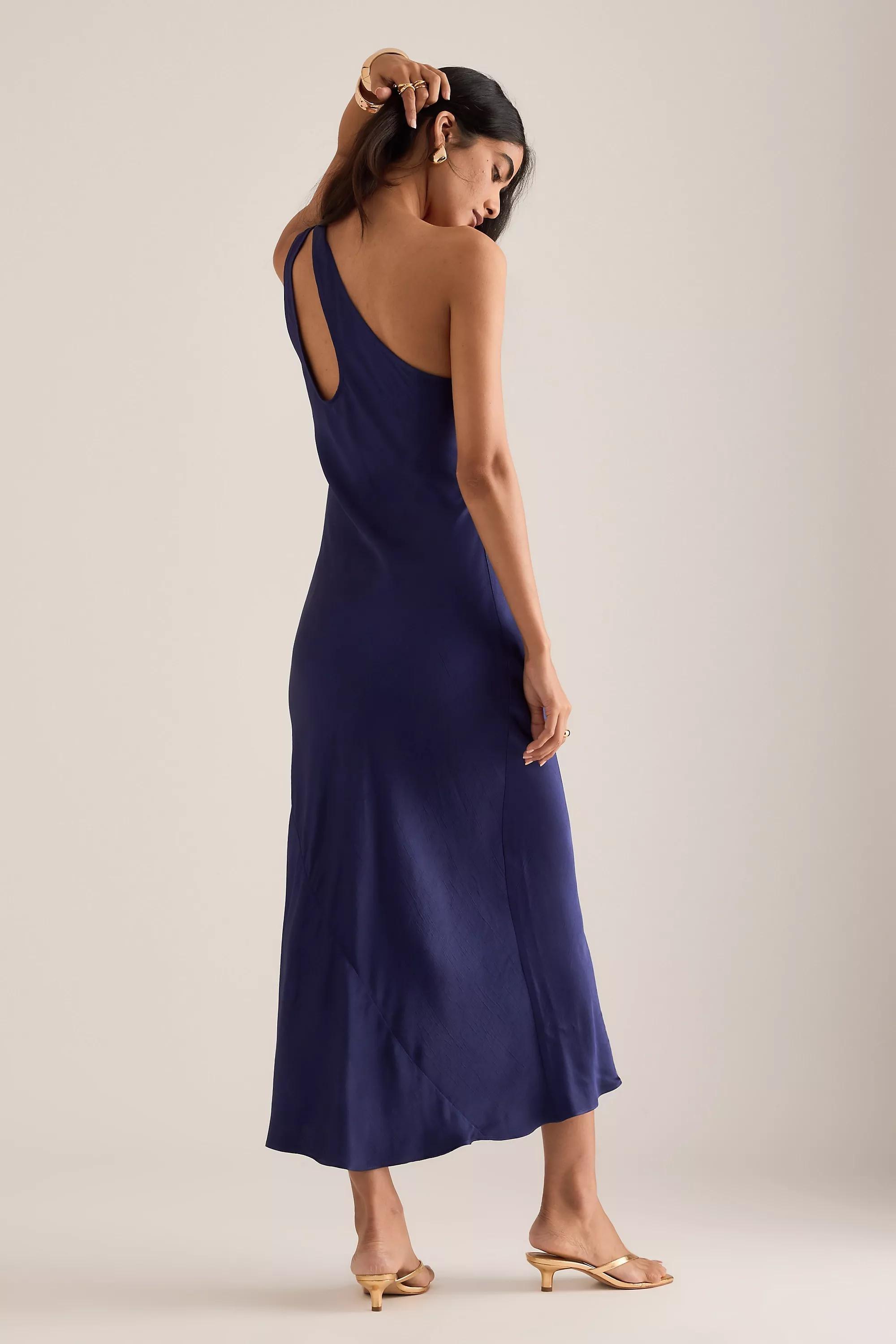 The Lily One-Shoulder Satin Midi Slip Dress, Navy, A501_0041, large image number 1