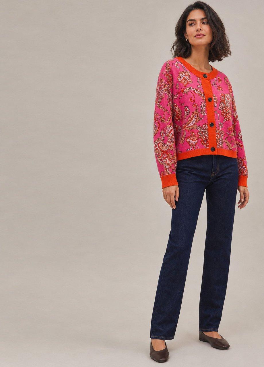 Paisley Print Button-Up Cardigan, Pink, Pink, medium