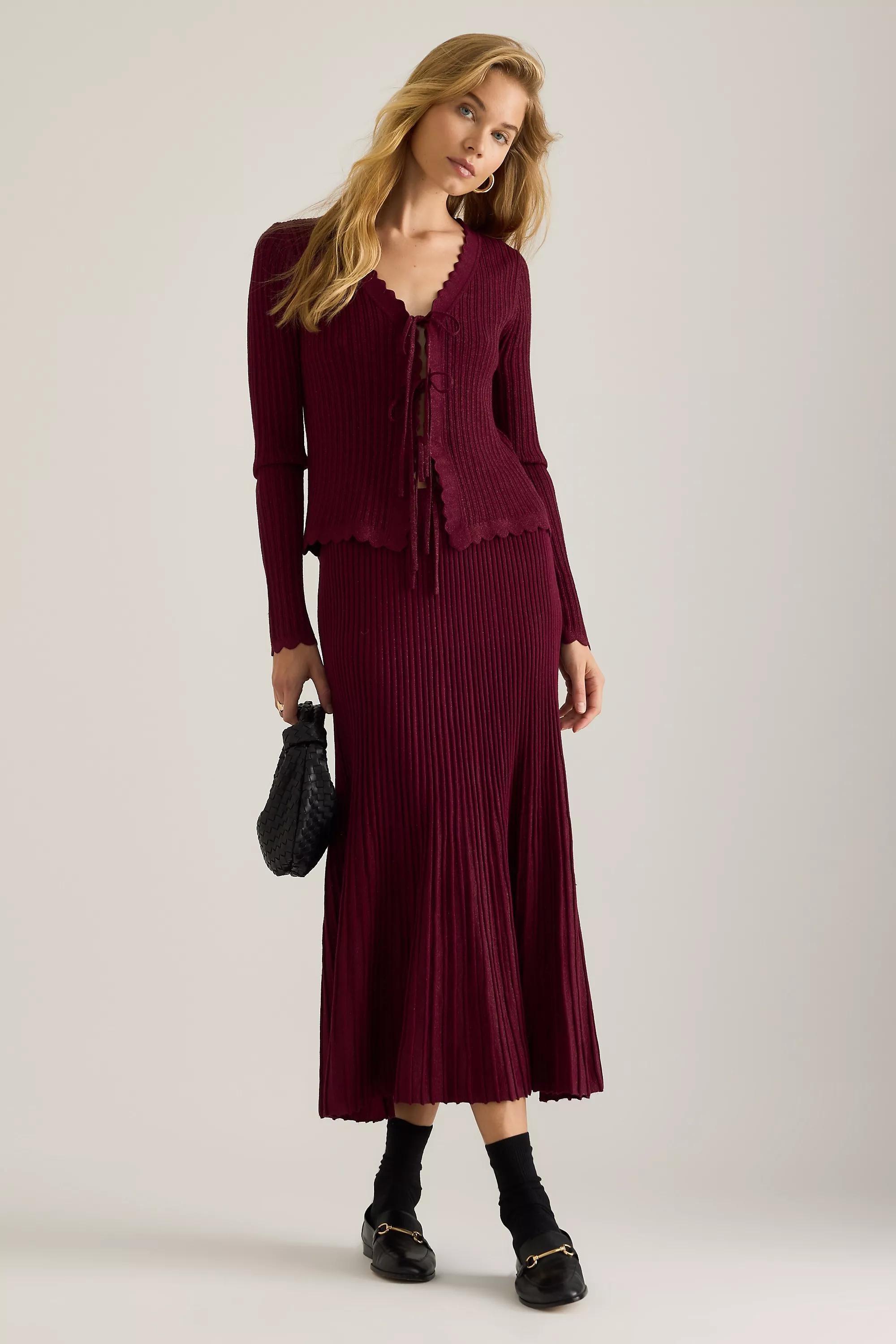 By Anthropologie Rib Knit Lurex Midi Skirt, Burgundy, A501_0259, large image number 0