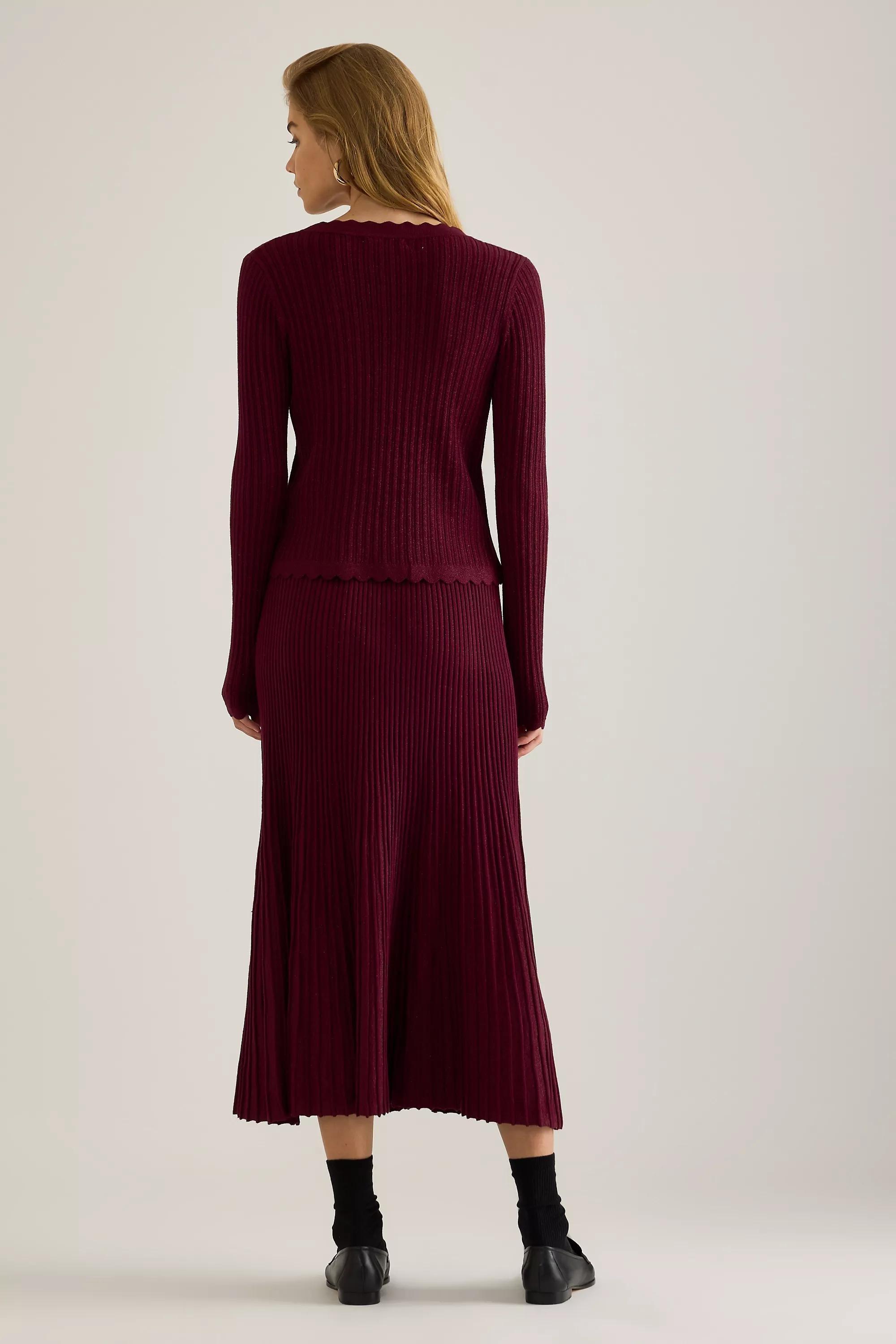By Anthropologie Rib Knit Lurex Midi Skirt, Burgundy, A501_0259, large image number 1