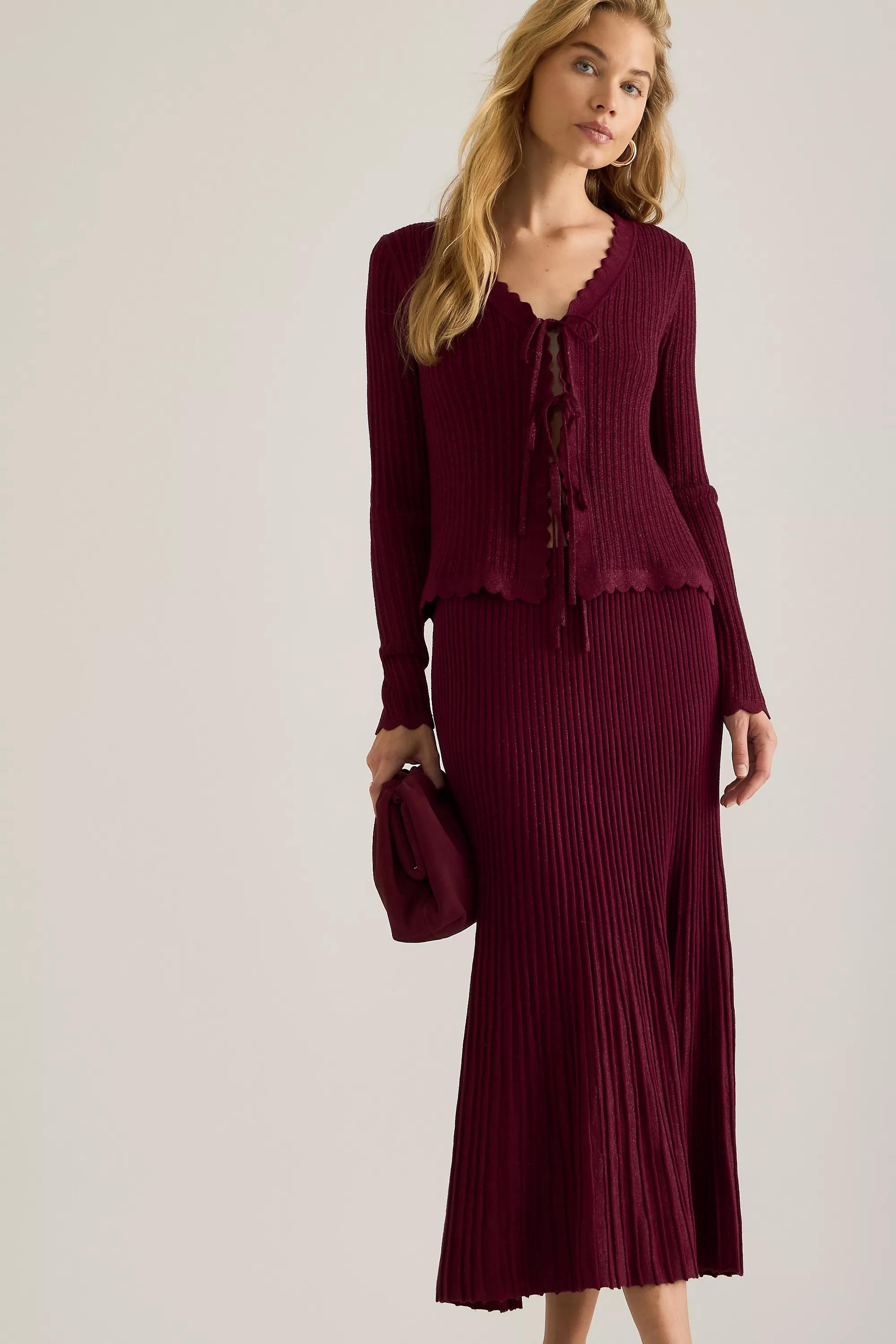 By Anthropologie Rib Knit Lurex Midi Skirt, Burgundy, A501_0259, large image number 2