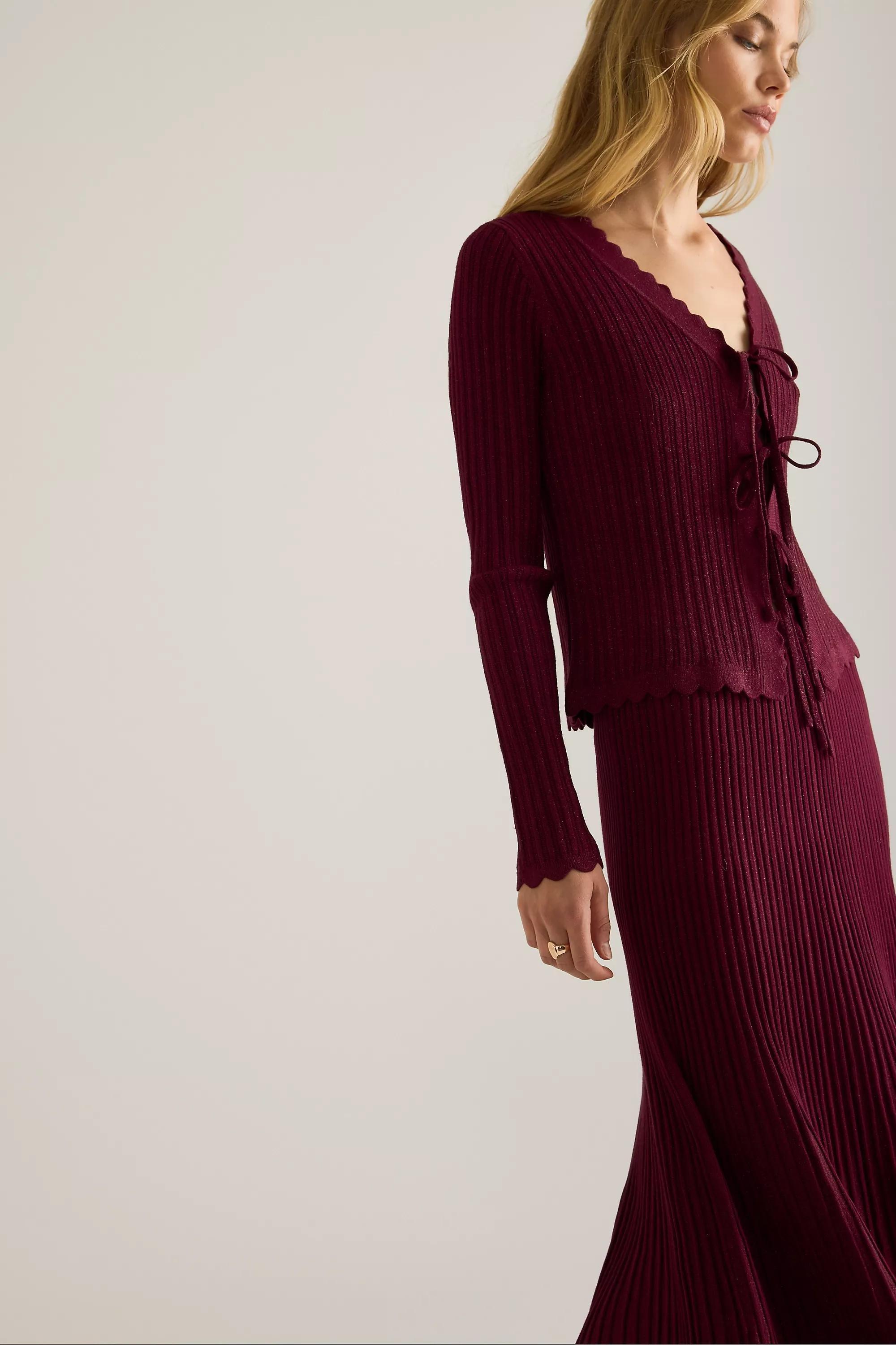 By Anthropologie Rib Knit Lurex Midi Skirt, Burgundy, A501_0259, large image number 3