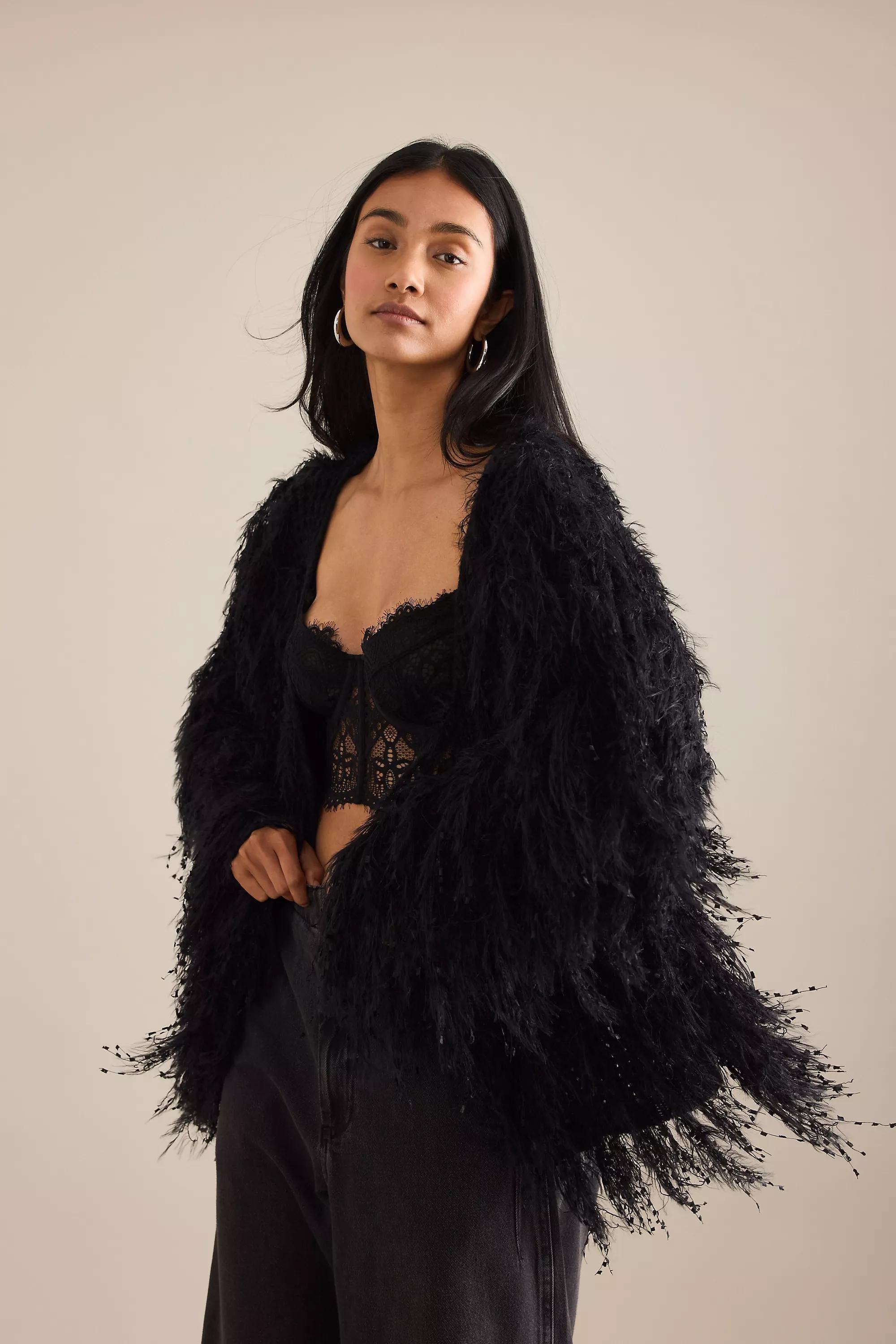 By Anthropologie Mixed Media Fringe Cardigan, Black, A501_0001, large image number 1