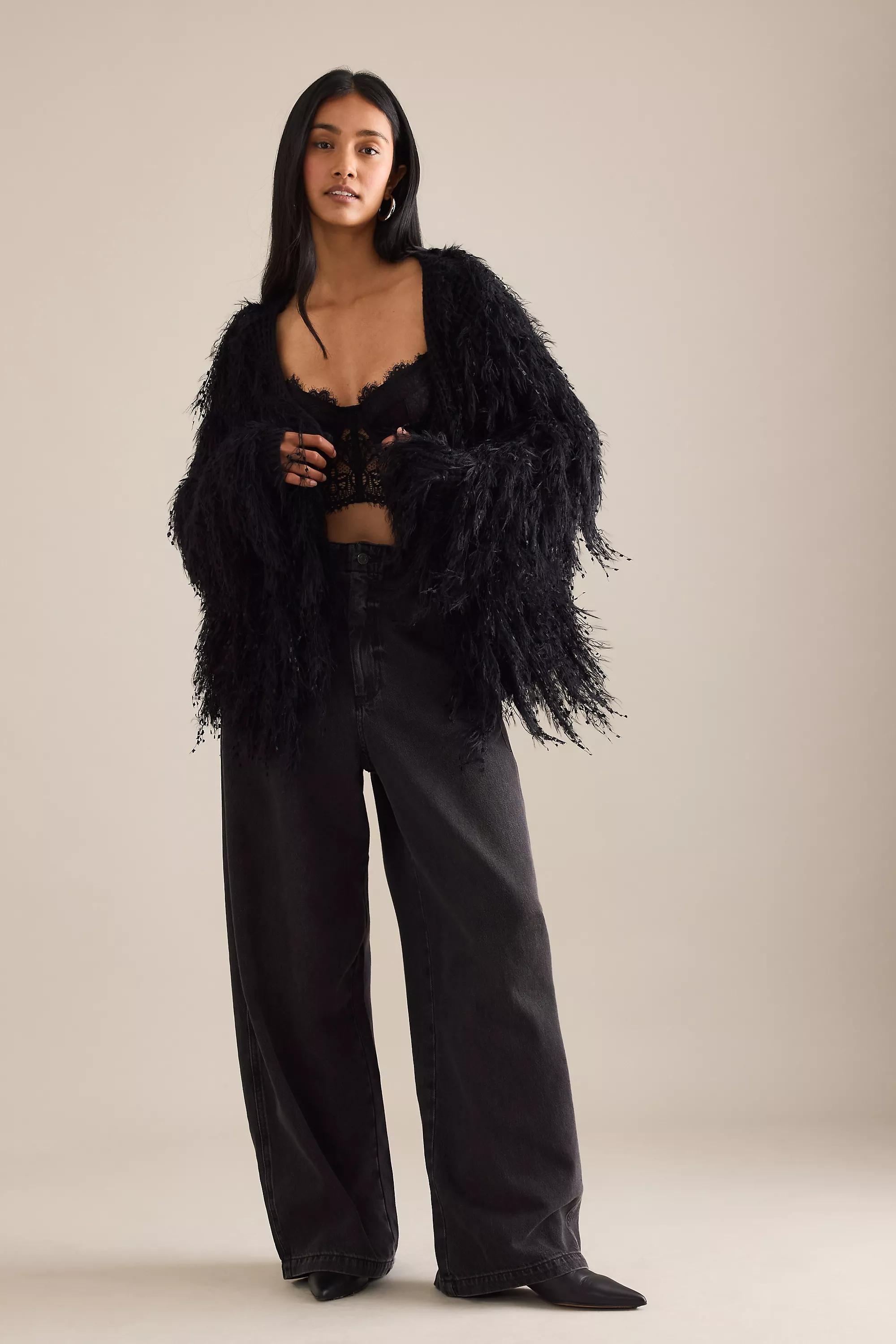 By Anthropologie Mixed Media Fringe Cardigan, Black, A501_0001, large image number 2