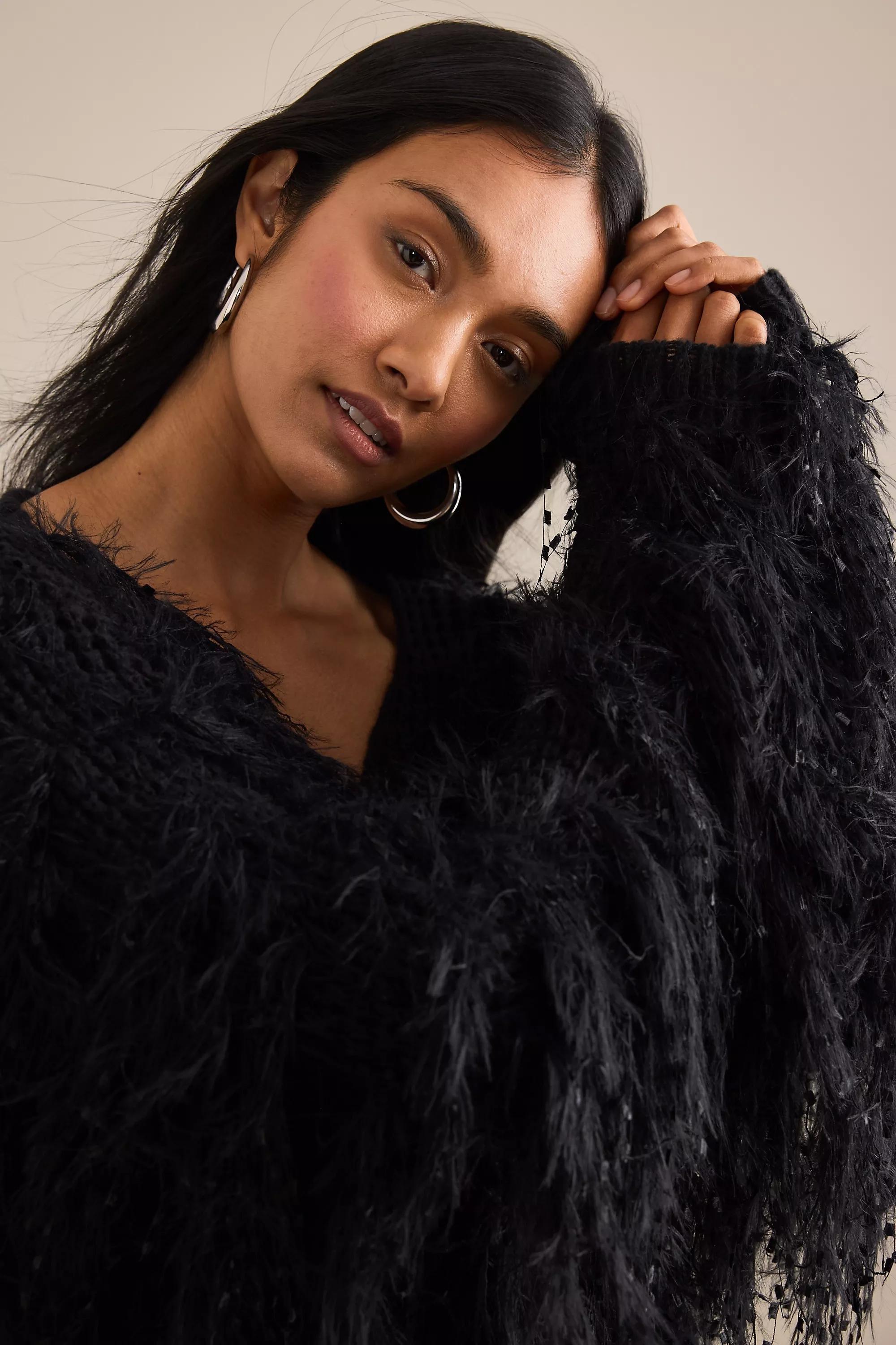 By Anthropologie Mixed Media Fringe Cardigan, Black, A501_0001, large image number 3