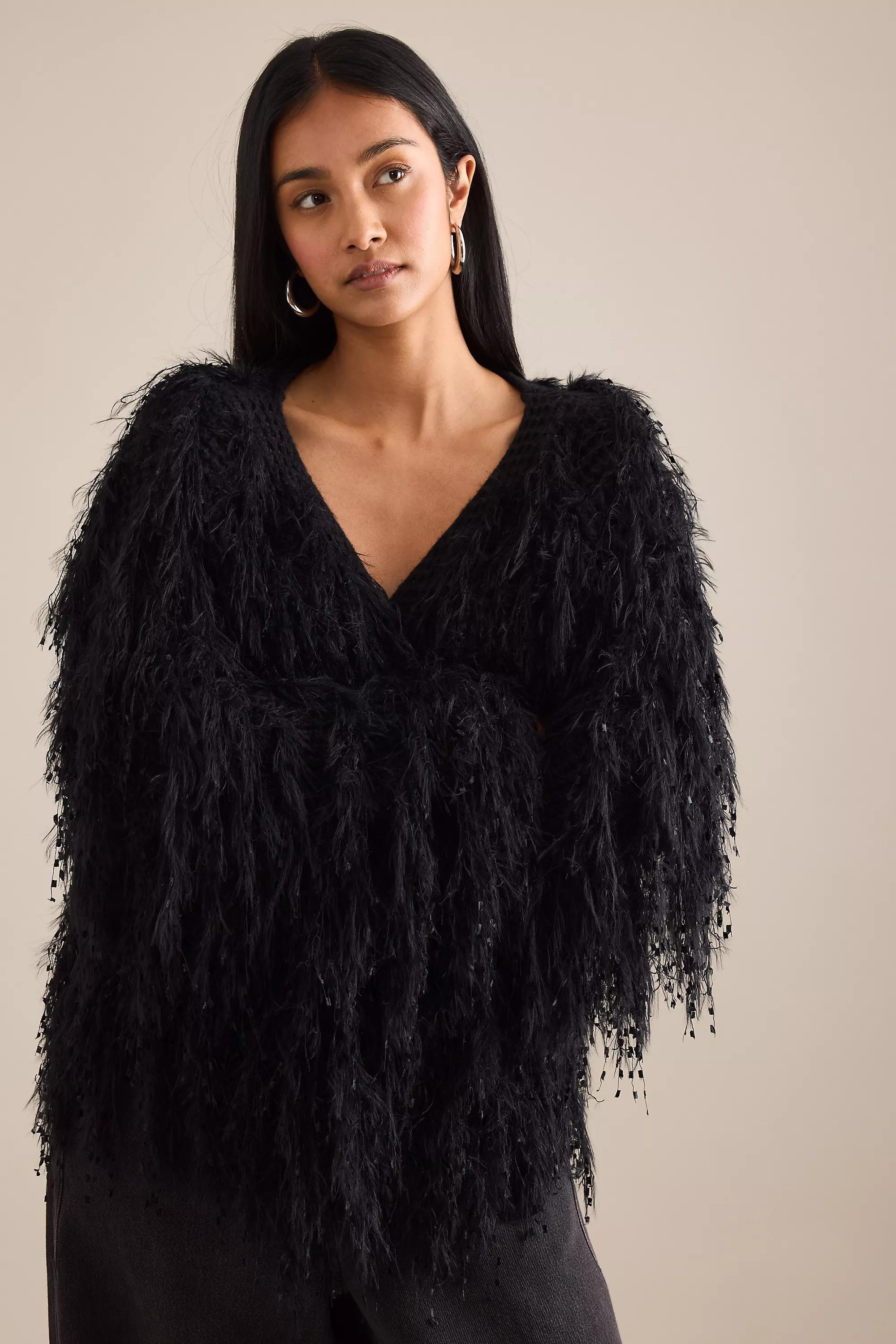 BLACK By Anthropologie Mixed Media Fringe Cardigan, A501_0001, large image number 4