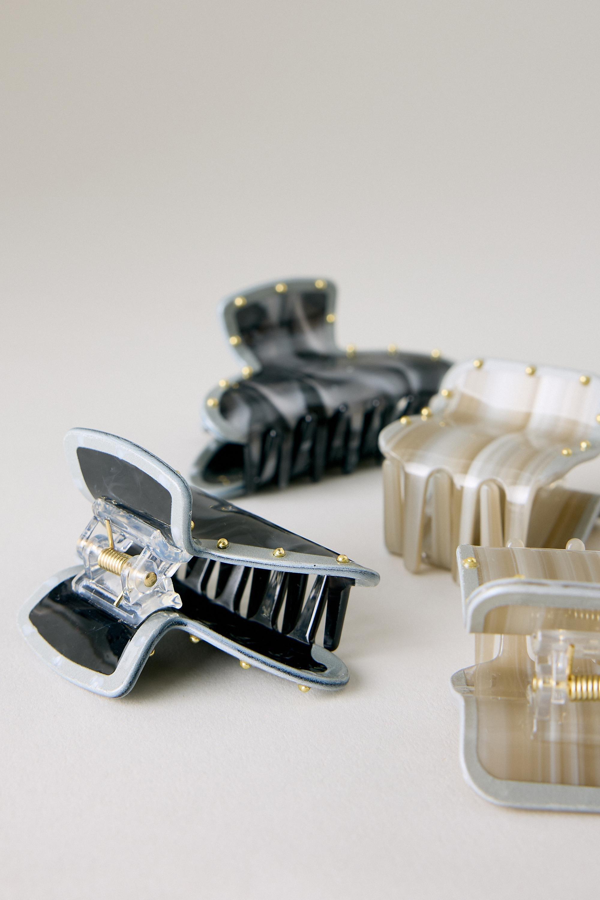 Studded Claw Clips, Set Of 4, Clear, Grey, medium