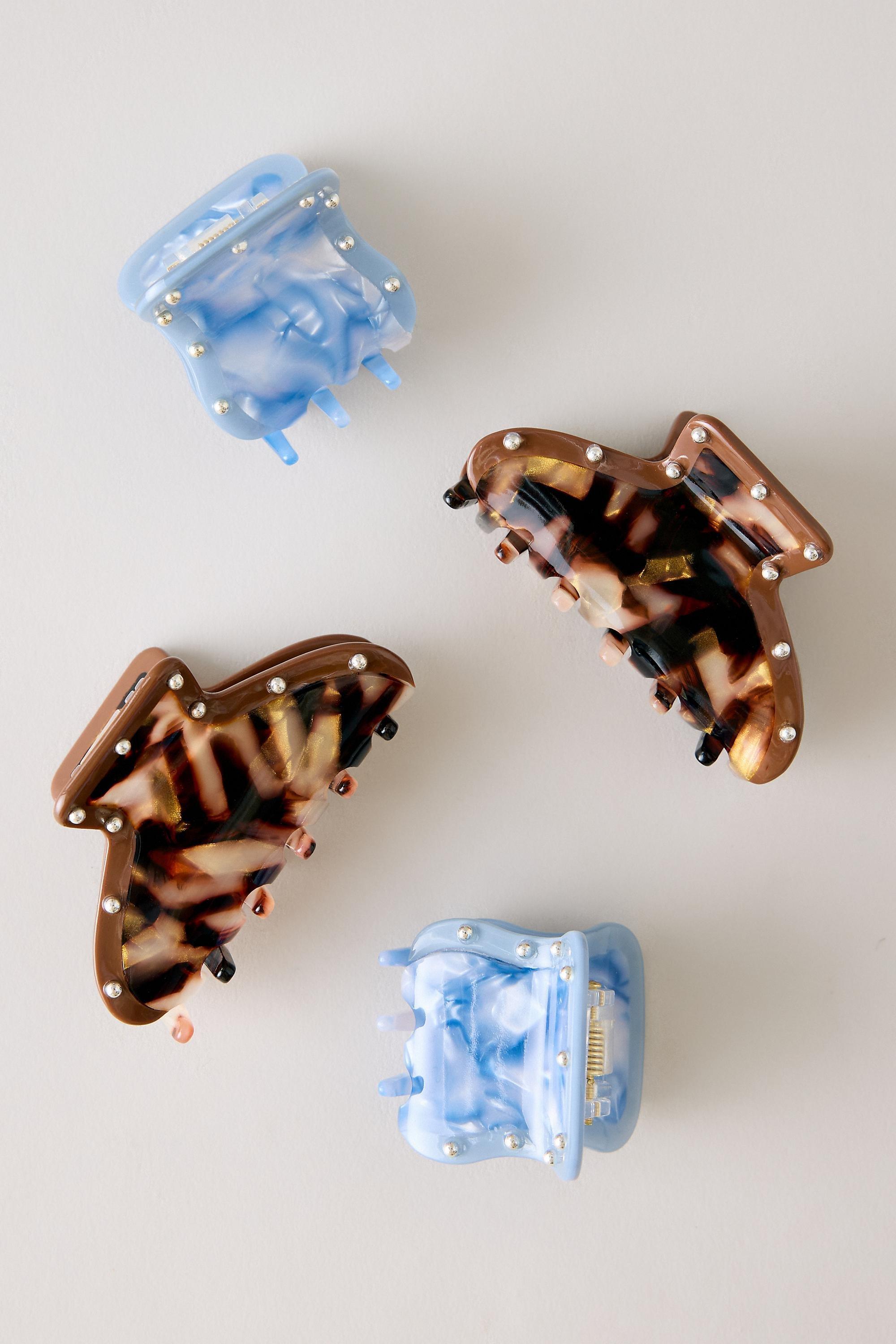 Mini Studded Claw Clips, Set Of 4, Blue, Blue, medium