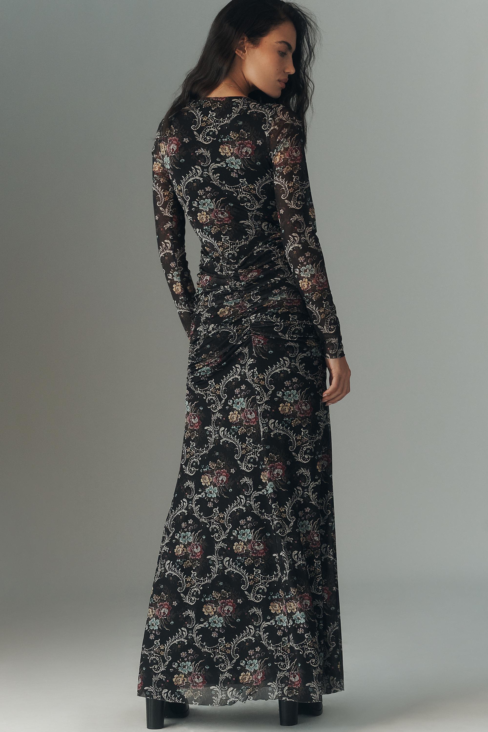 Floral Afrm Long Sleeve Ruched Mesh Maxi Dress, Black, Black, large image number 1