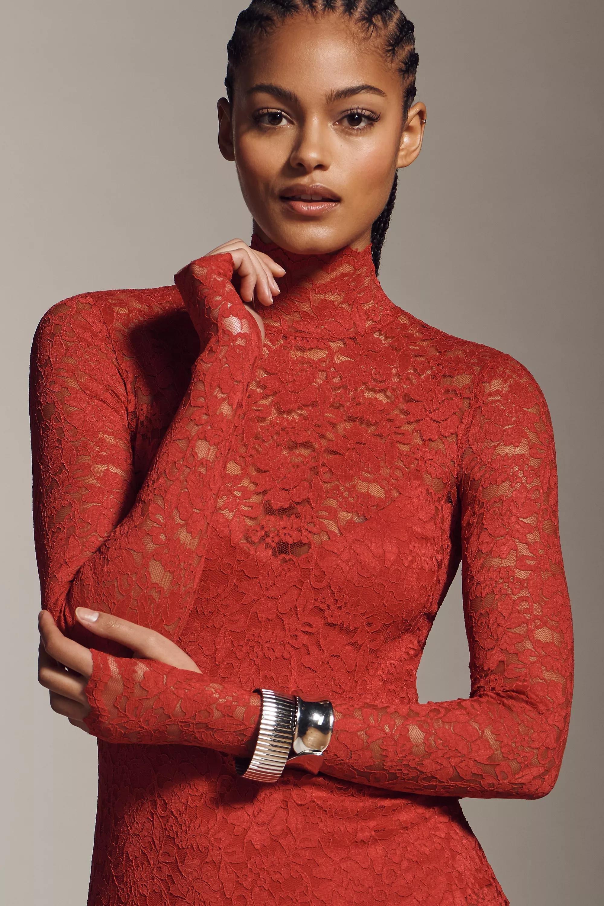 Afrm Joysel Long-Sleeve Mock-Neck Slim Midi Dress, Red, A501_0060, large image number 1