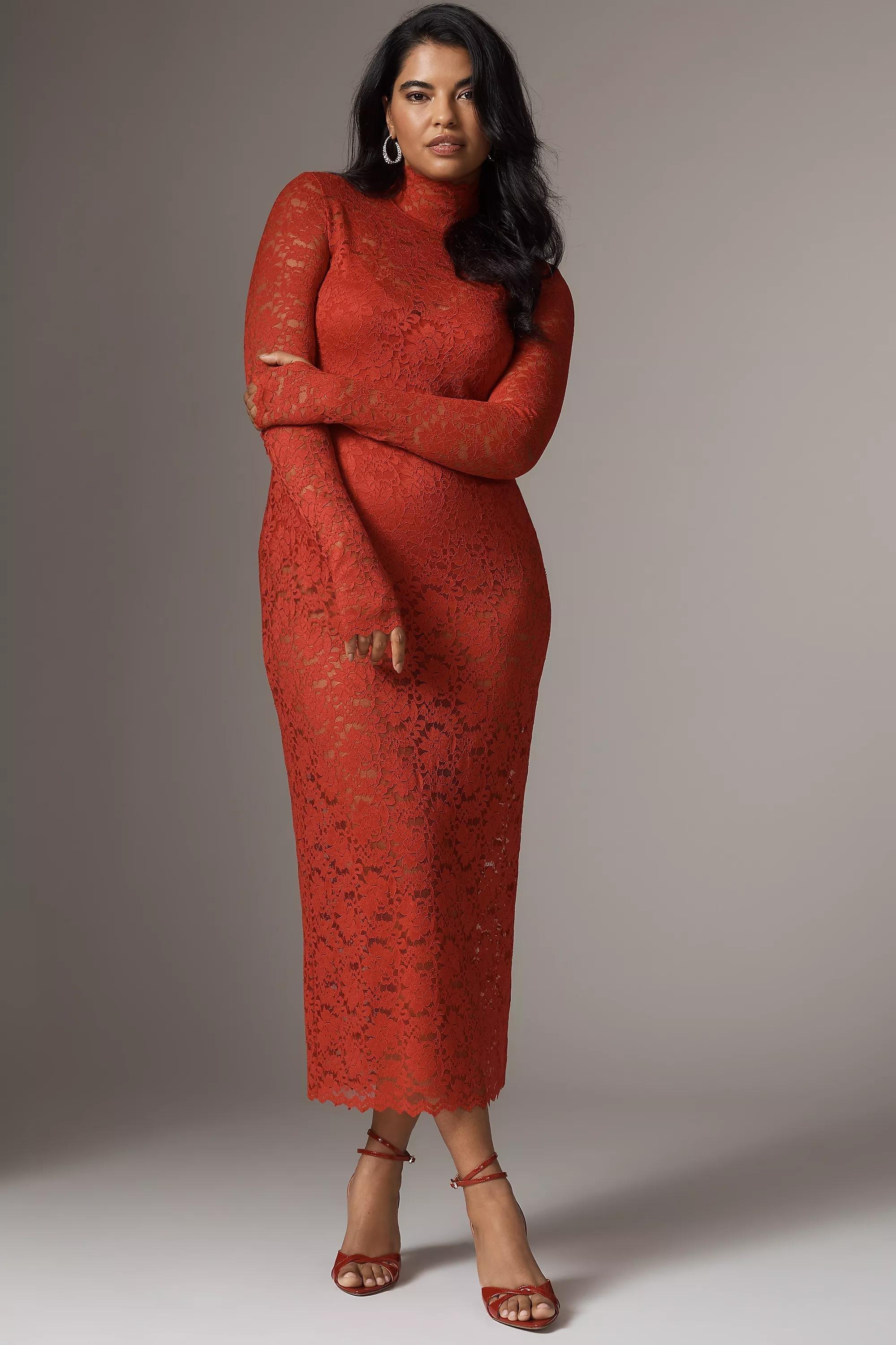 Afrm Joysel Long-Sleeve Mock-Neck Slim Midi Dress, Red, A501_0060, large image number 2