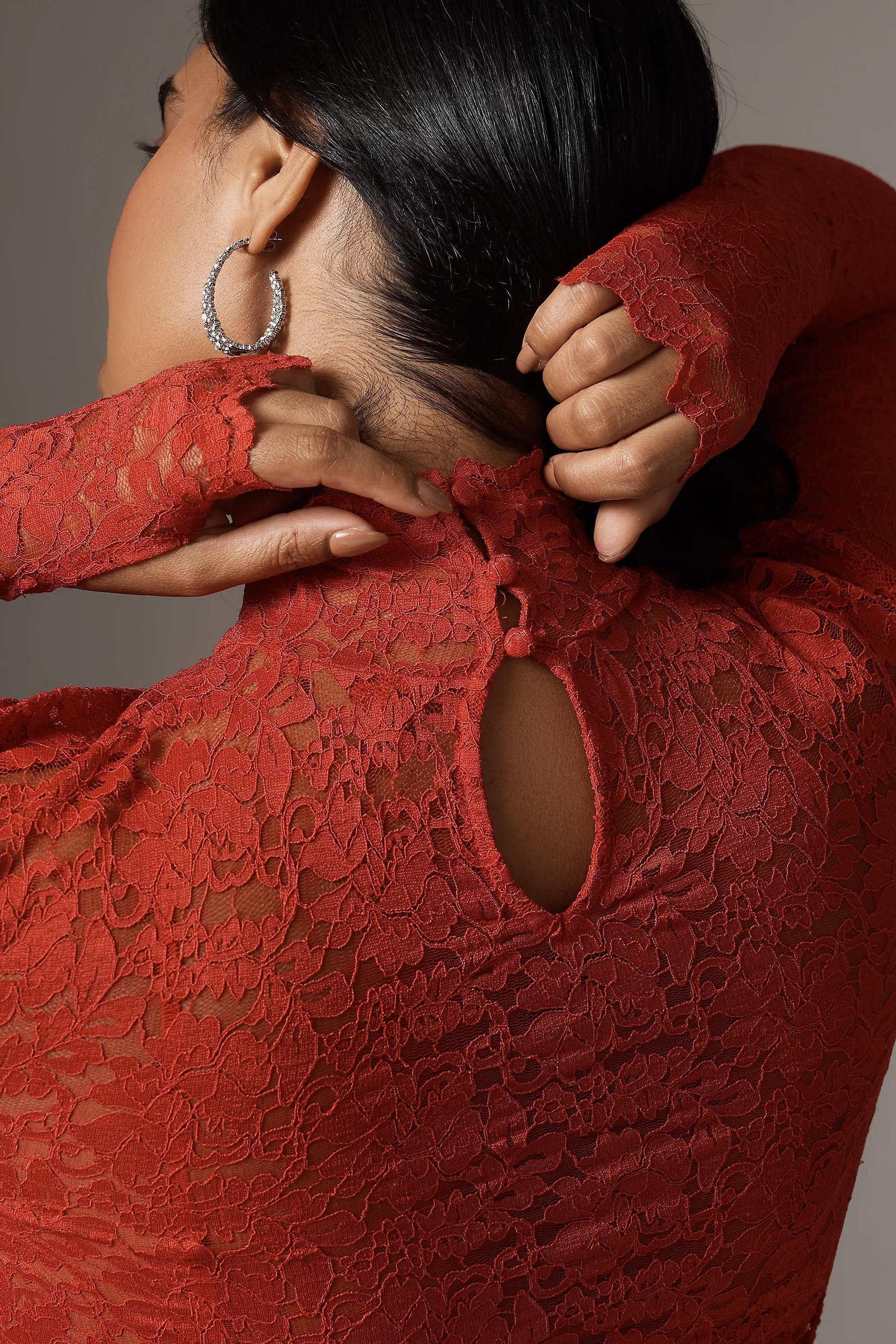 Afrm Joysel Long-Sleeve Mock-Neck Slim Midi Dress, Red, A501_0060, large image number 3