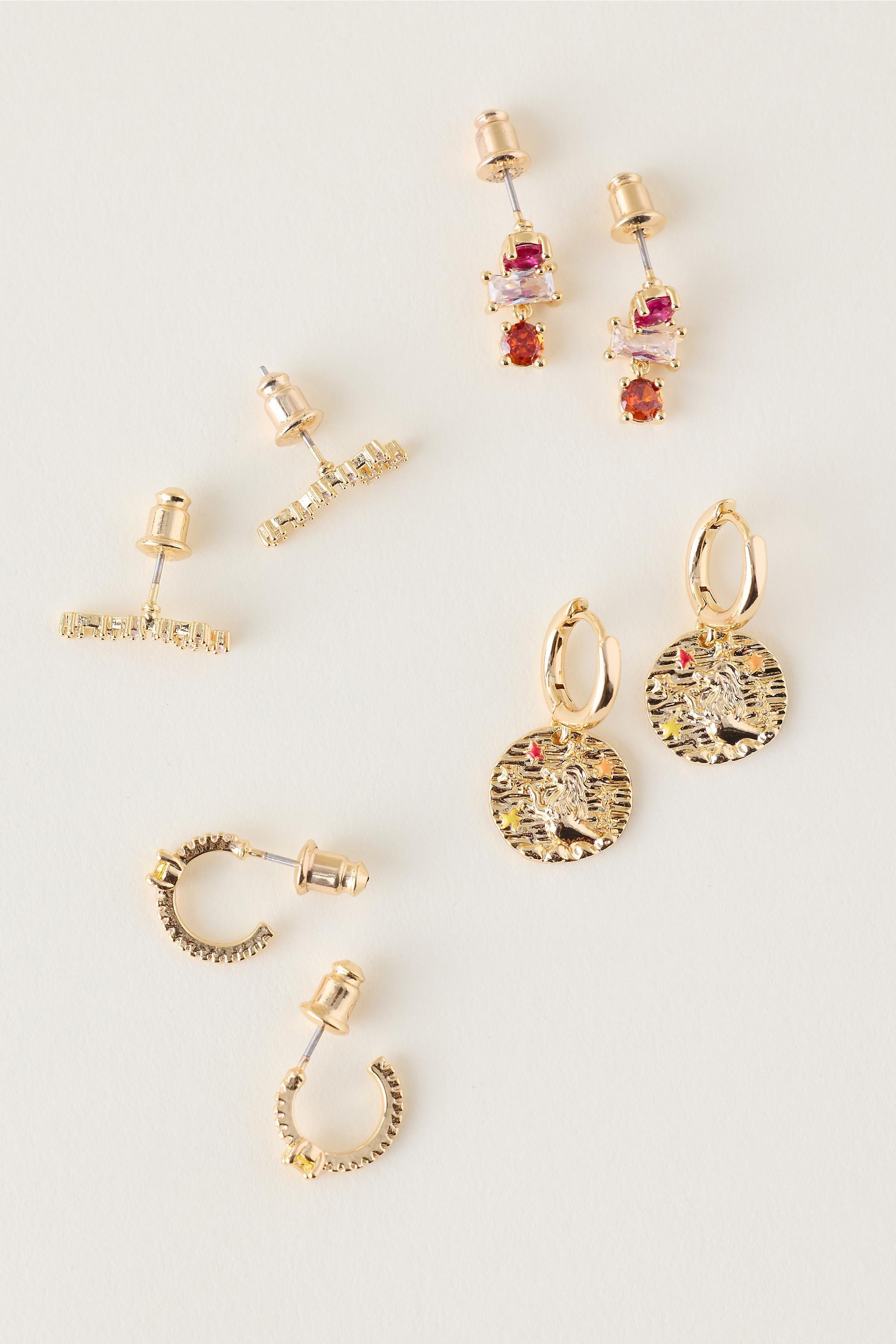 Leo Assorted Zodiac Earrings, Set Of 4, Multicolour, medium