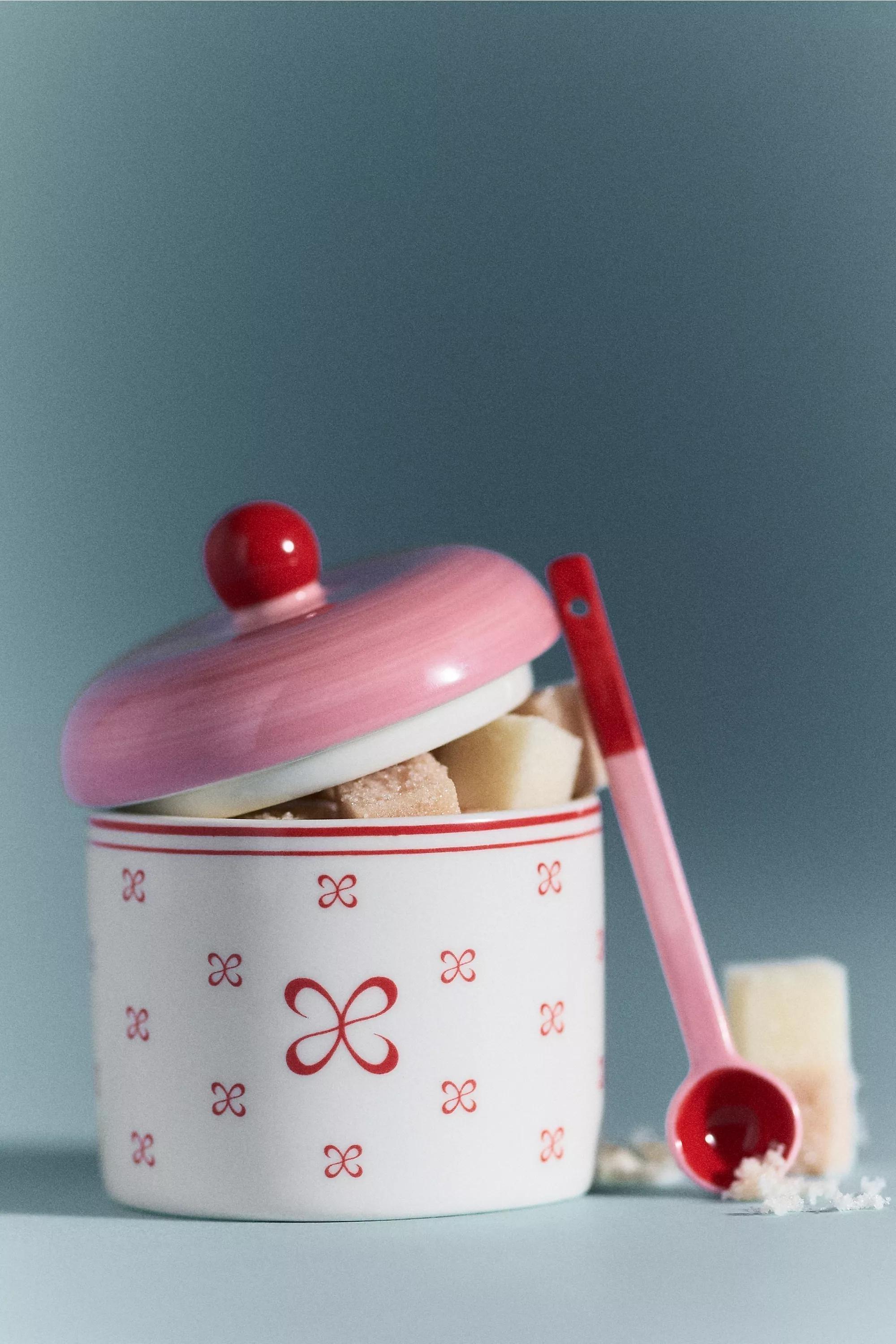 By Maeve Stoneware Sugar Bowl And Spoon, Pink, A501_0066, medium